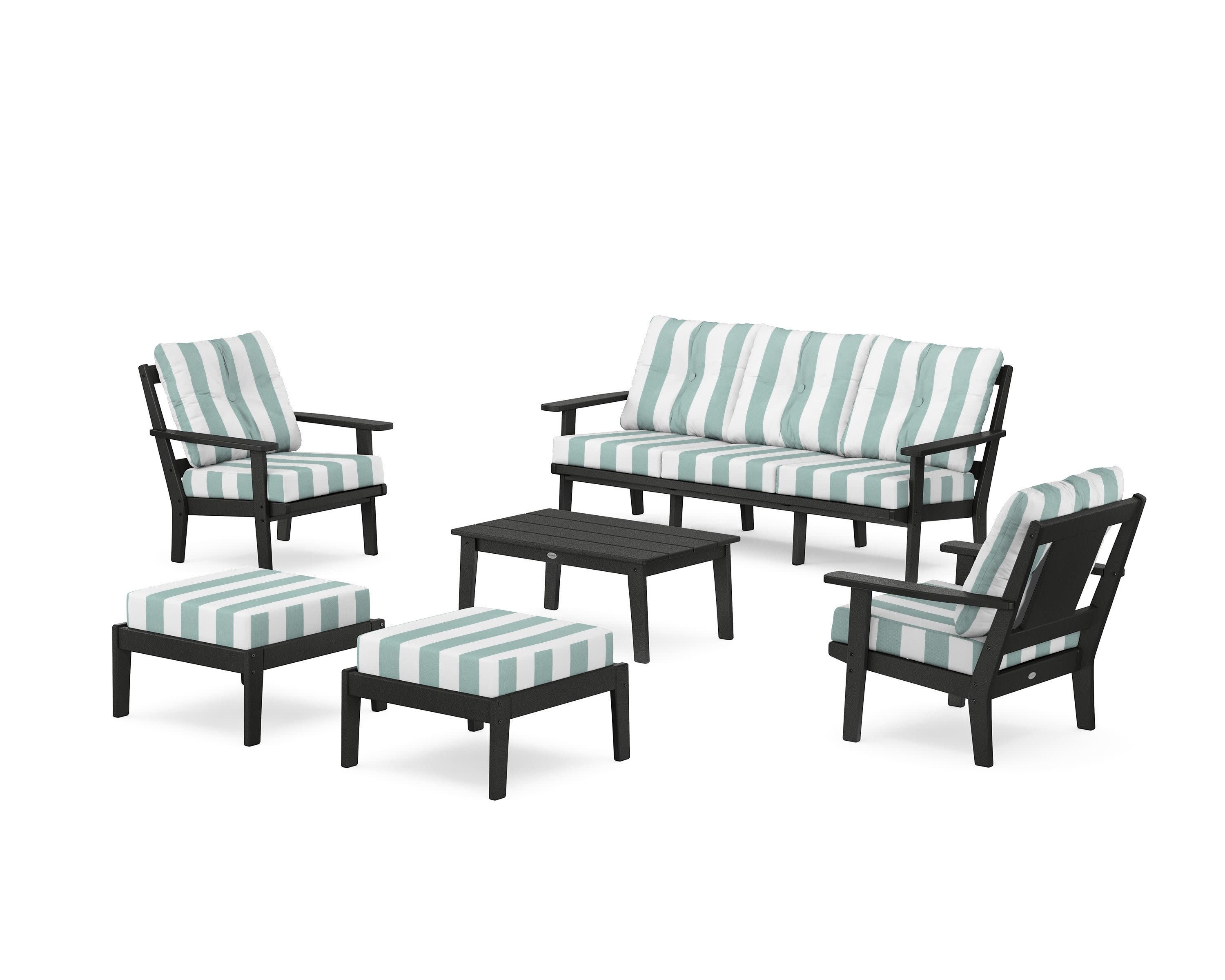 Prairie 6-Piece Lounge Sofa Set in Black / Cabana Stripe Glacier Spa