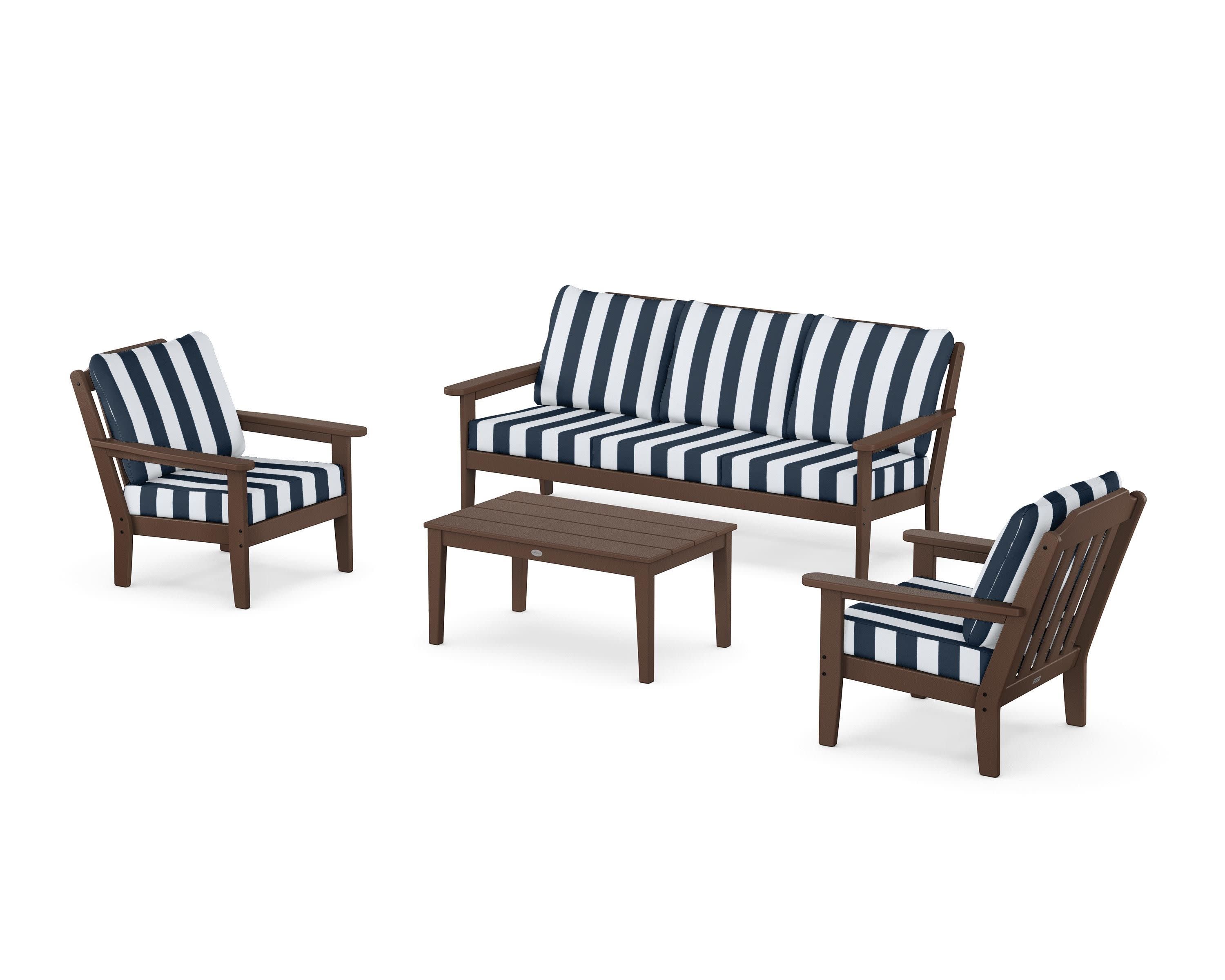 Cottage 4-Piece Deep Seating Set with Sofa in Mahogany / Cabana Stripe Marine Indigo