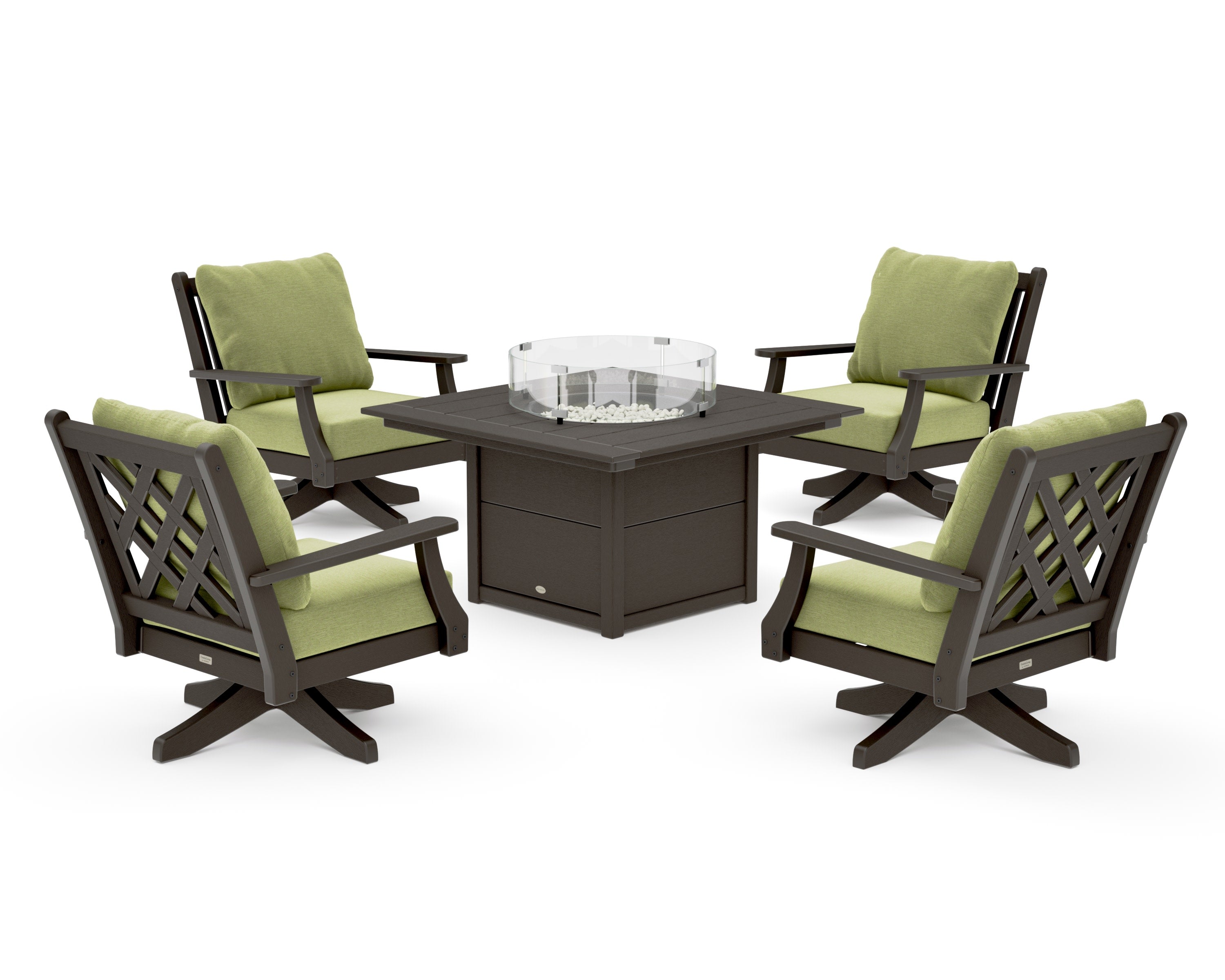 Wovendale 5-Piece Deep Seating Swivel Conversation Set with Fire Pit Table in Vintage Coffee / Chartreuse Boucle