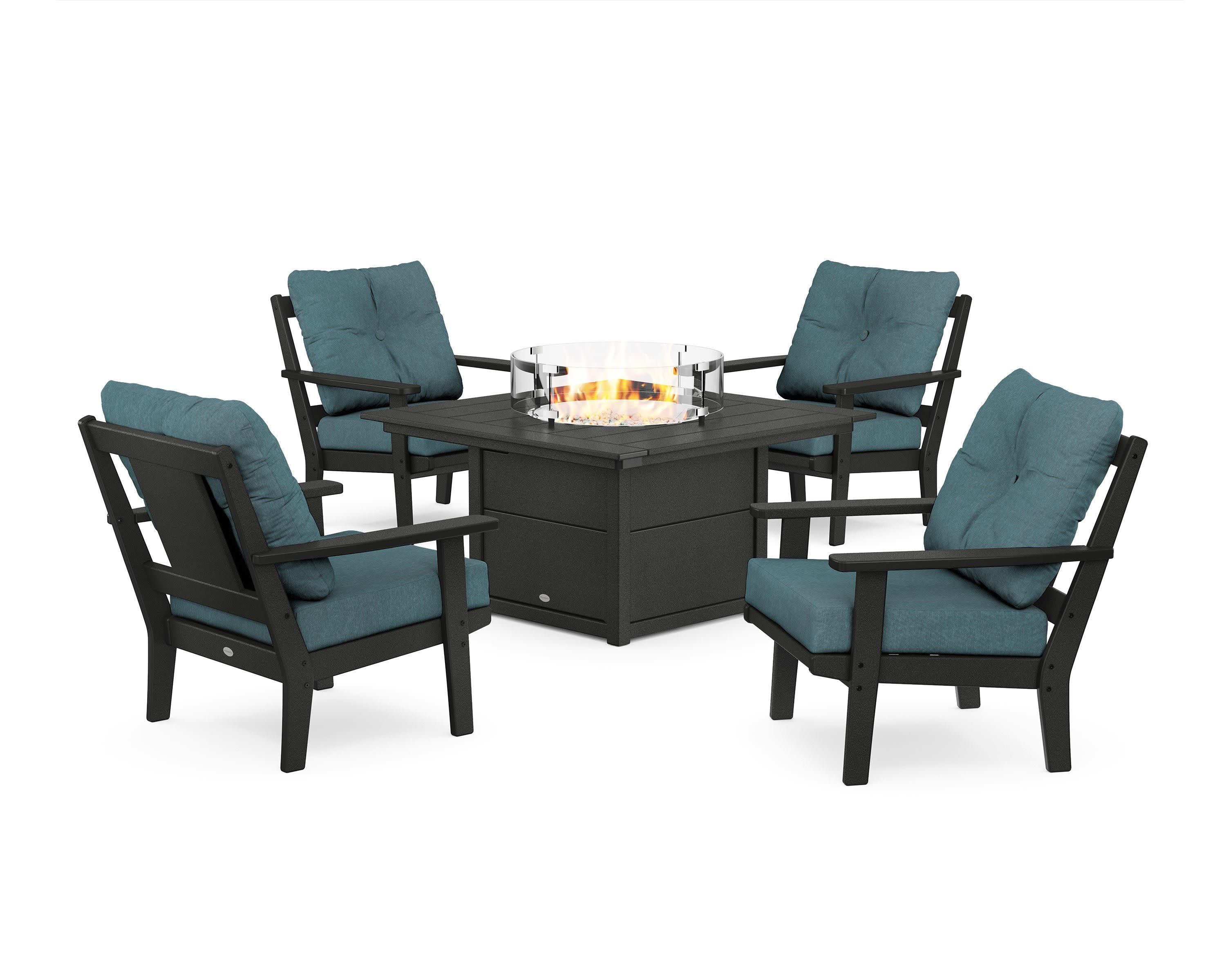 Prairie 5-Piece Deep Seating Set with Fire Pit Table in Black / Ocean Teal