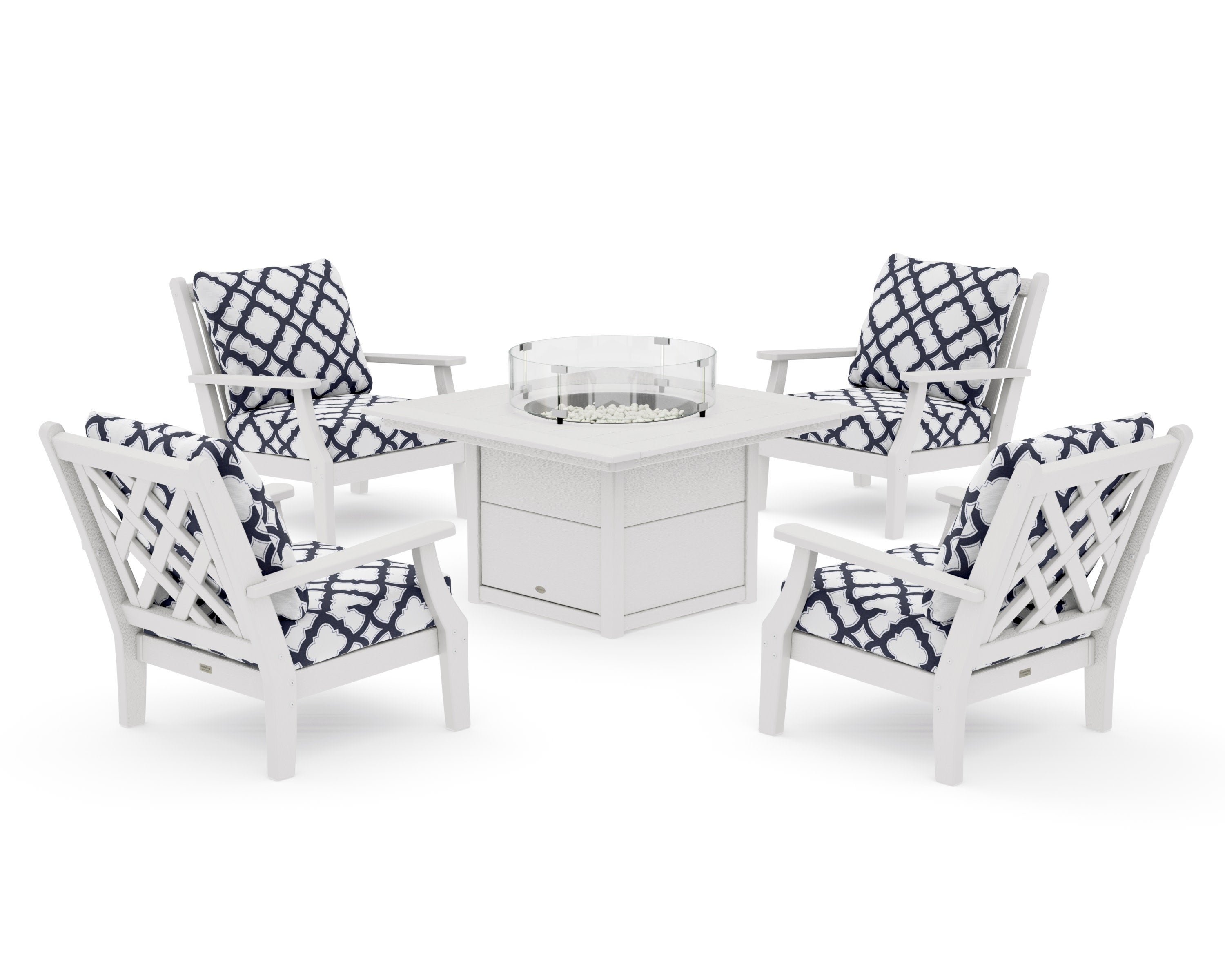 Wovendale 5-Piece Deep Seating Set with Fire Pit Table in Vintage White / Trellis Navy