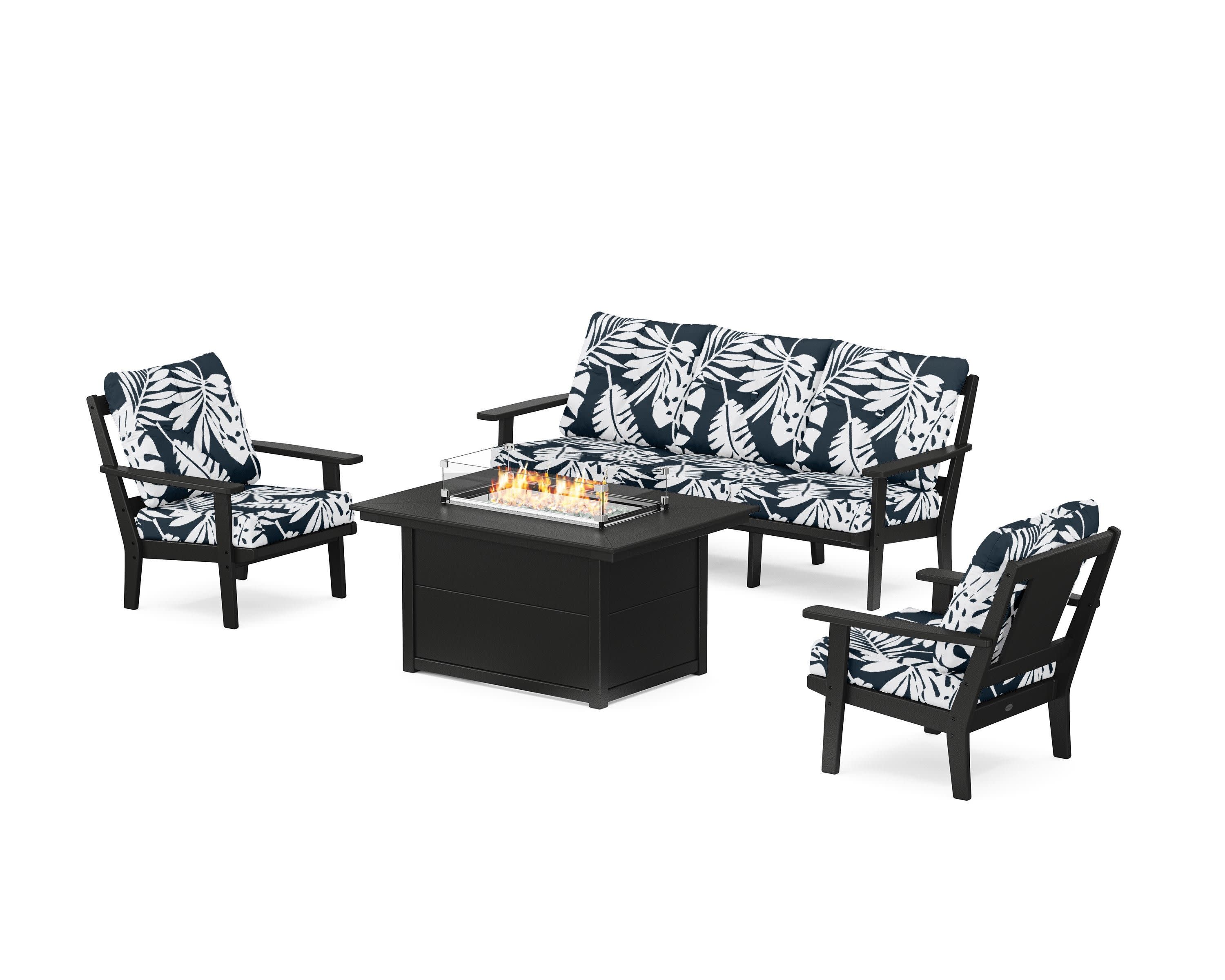 Prairie Deep Seating Fire Pit Table Set in Black / Leaf Marine Indigo