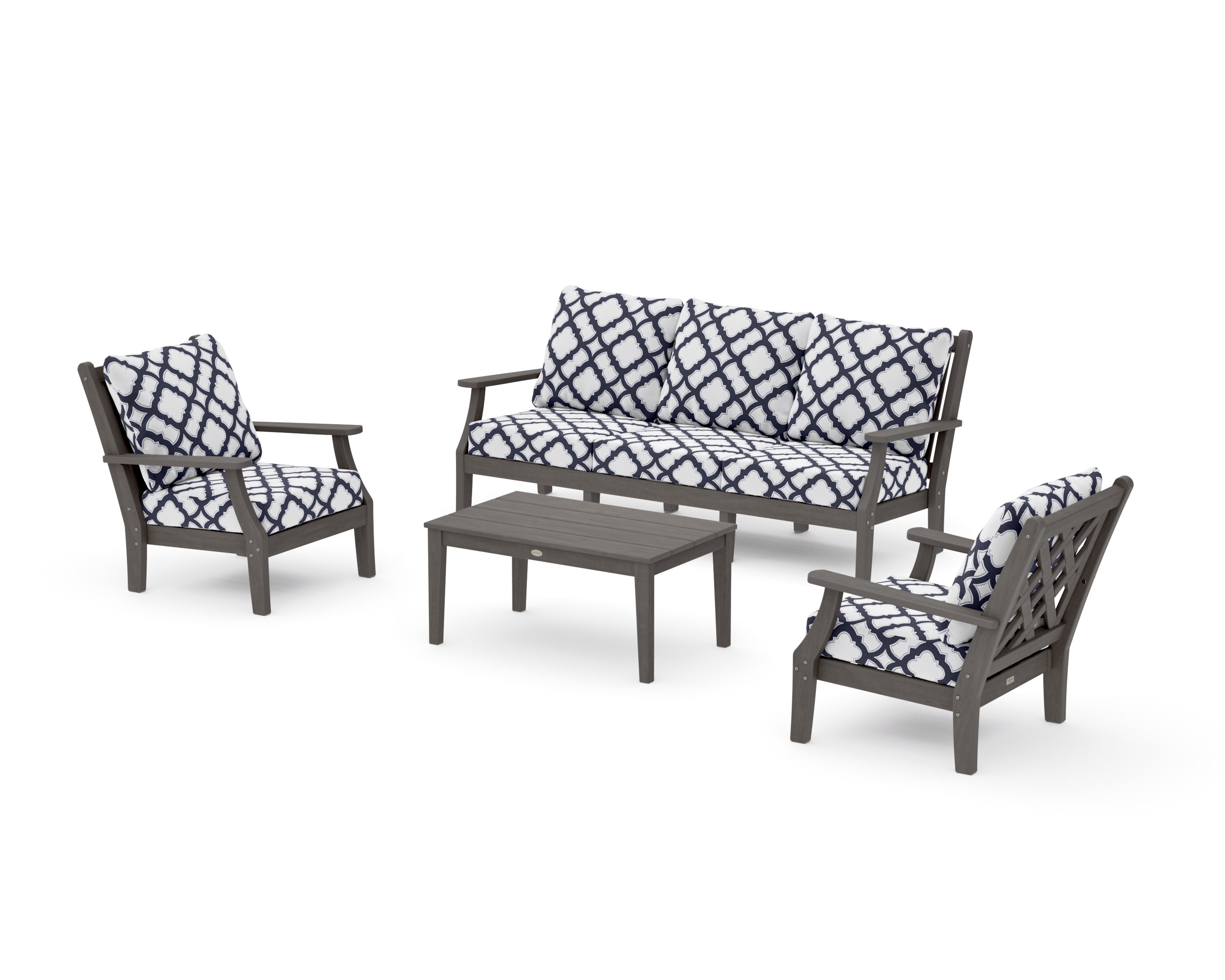Wovendale 4-Piece Deep Seating Set with Sofa in Driftwood / Trellis Navy
