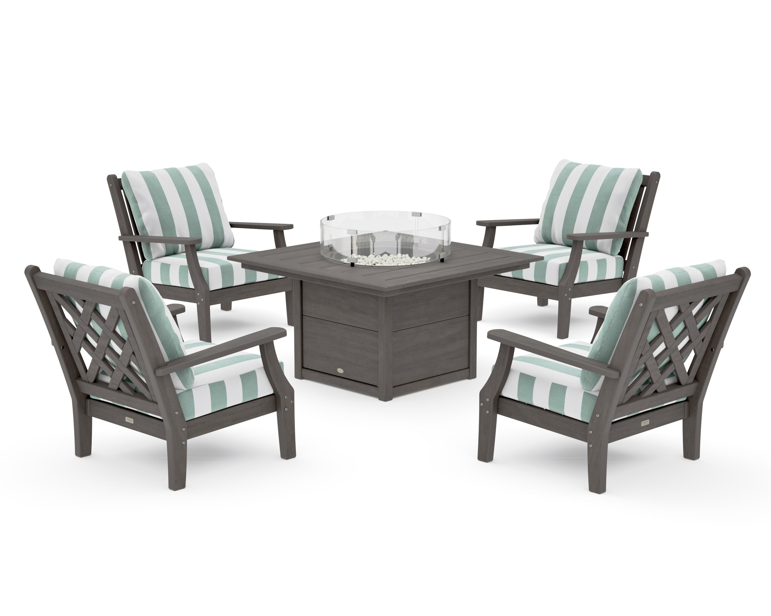 Wovendale 5-Piece Deep Seating Set with Fire Pit Table in Driftwood / Cabana Stripe Glacier Spa