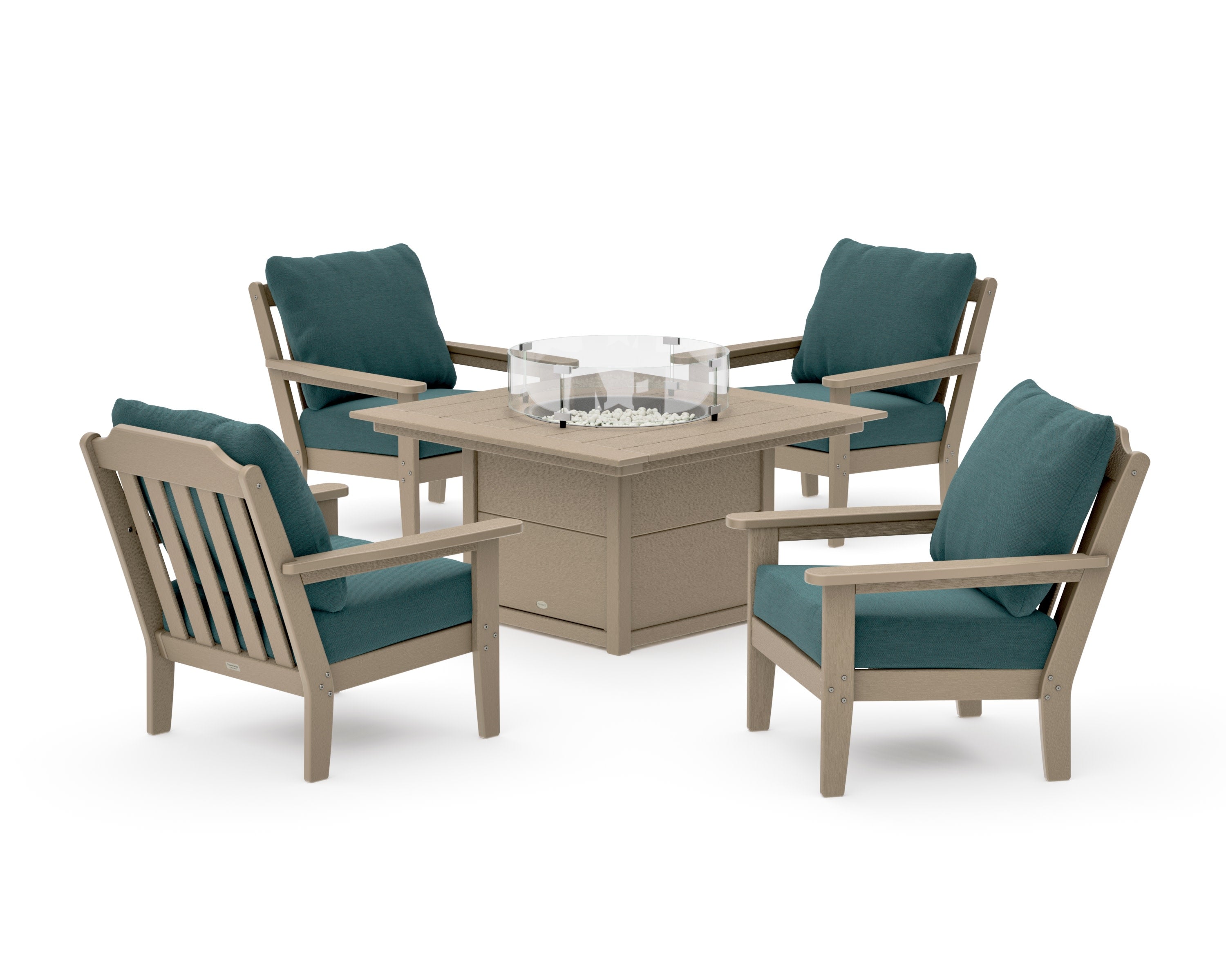 Cottage 5-Piece Deep Seating Set with Fire Pit Table in Vintage Sahara / Ocean Teal