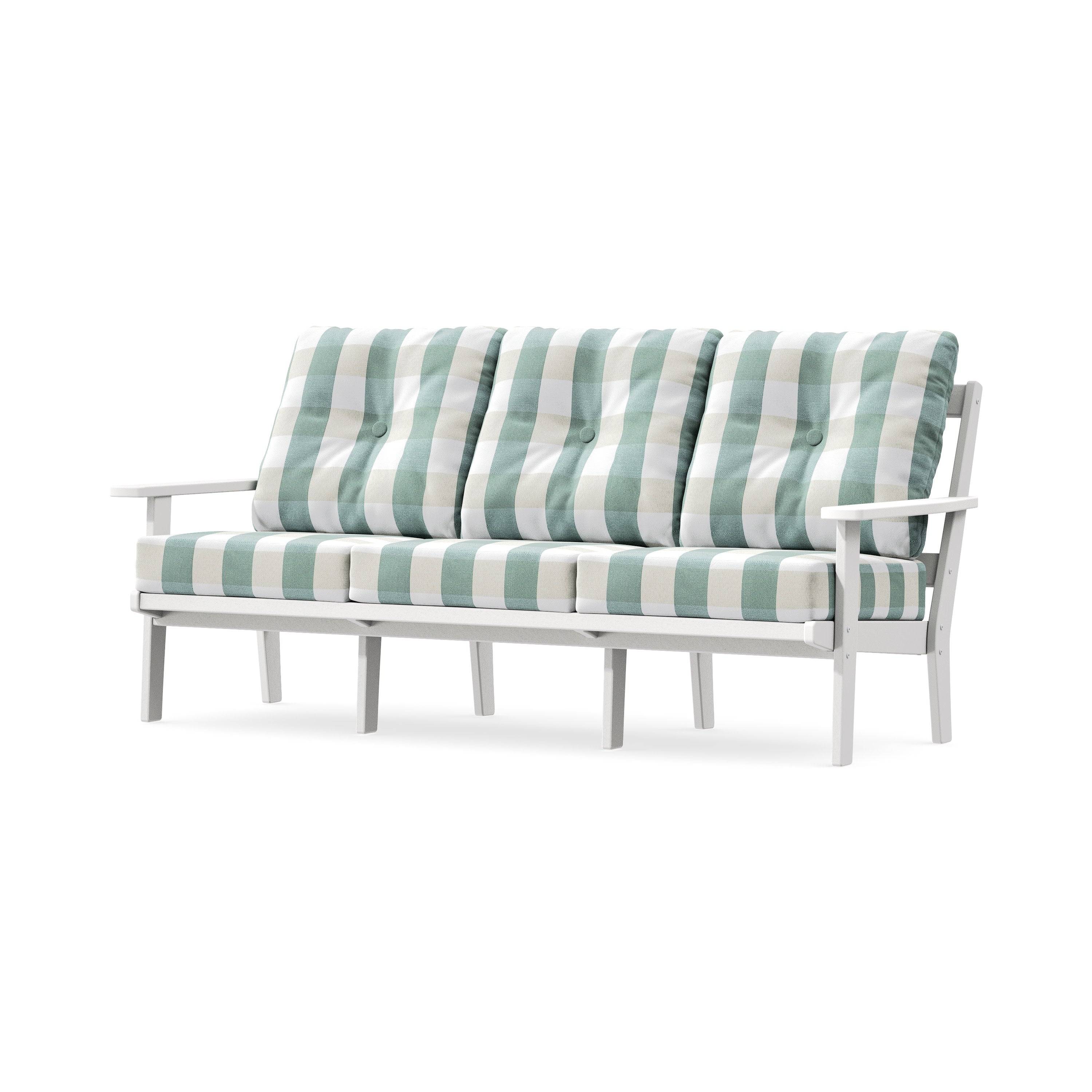 PrairieDeep Seating Sofa in White / Buffalo Plaid Glacier Spa