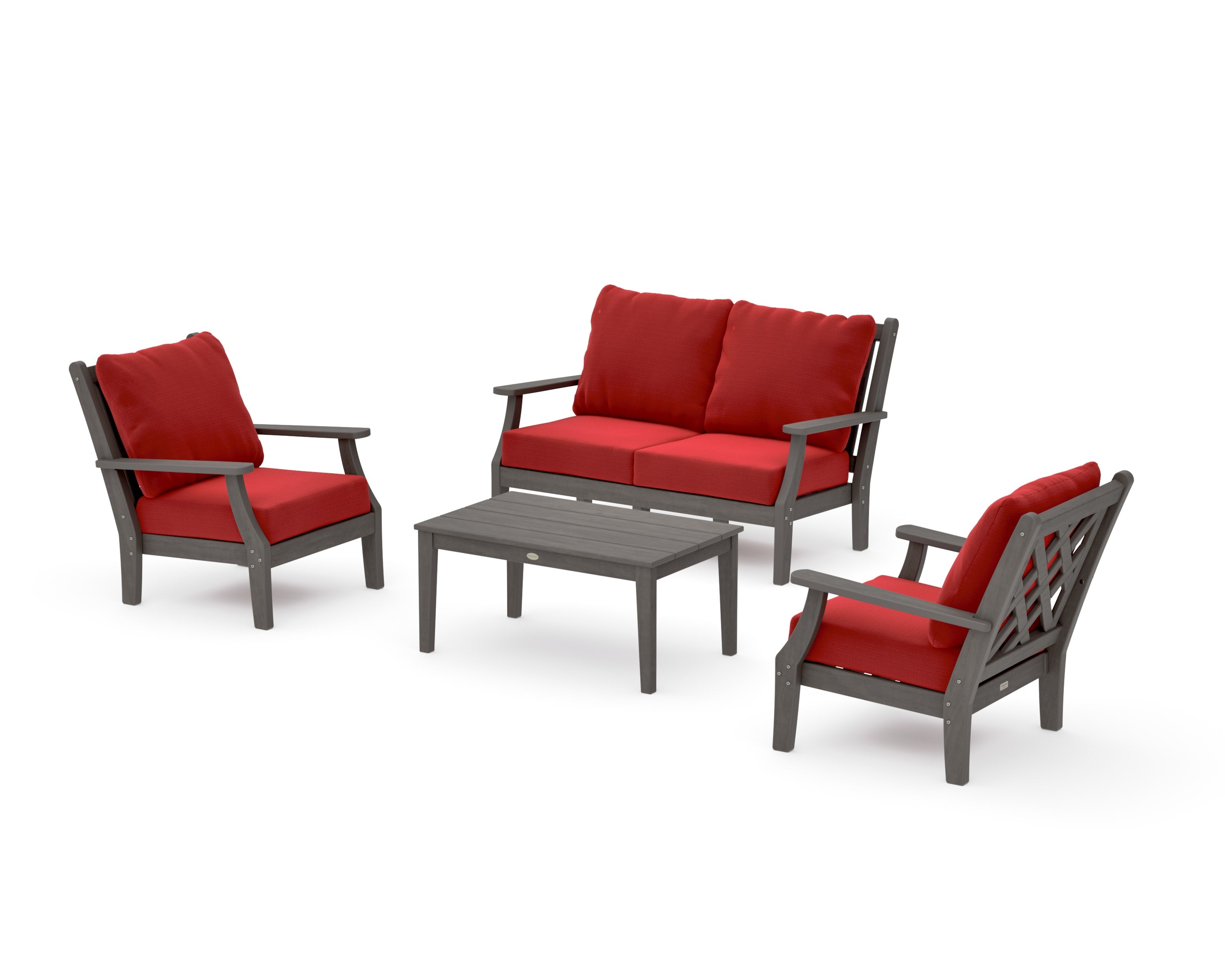 Wovendale 4-Piece Deep Seating Set with Loveseat in Driftwood / Crimson Linen