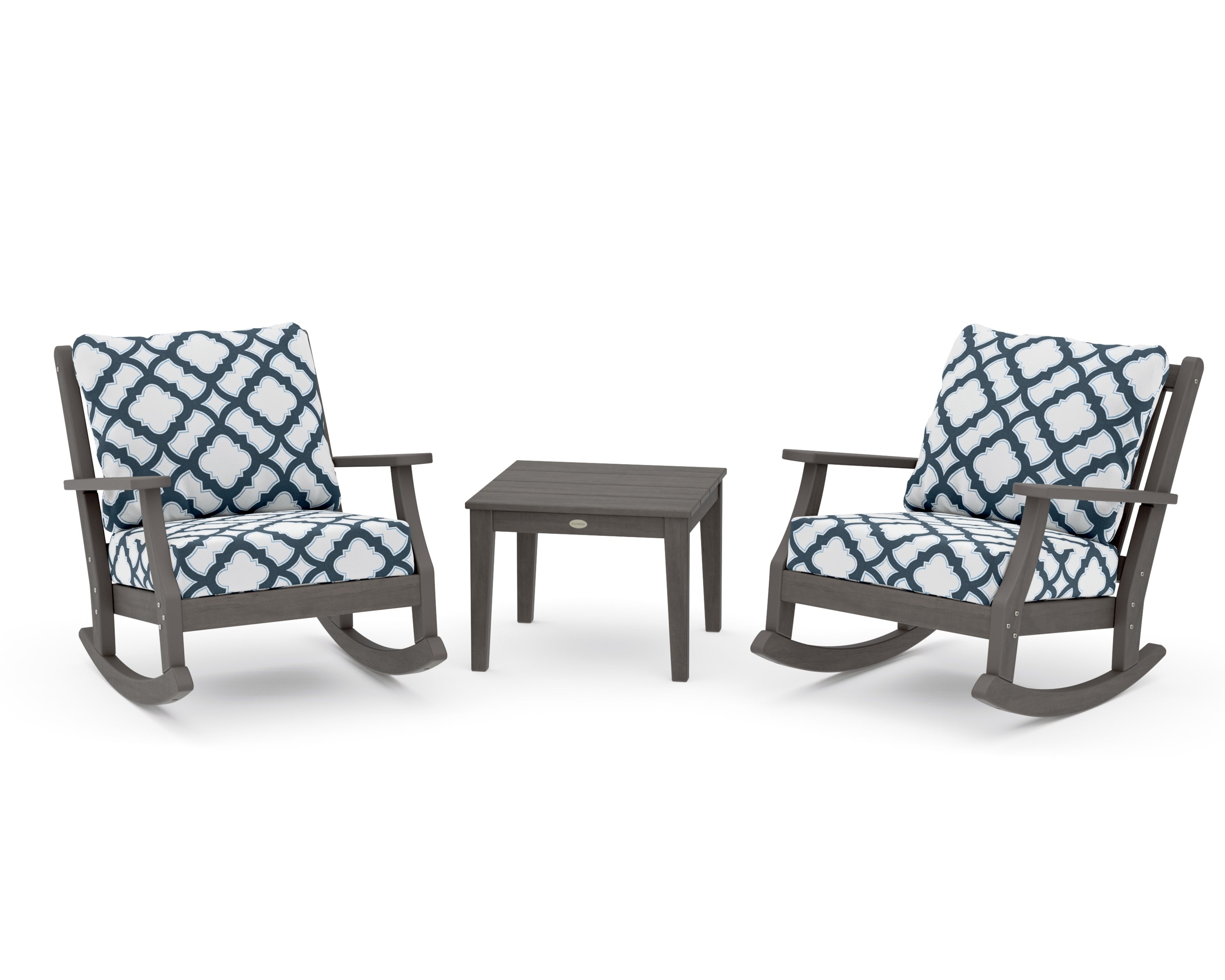 Wovendale 3-Piece Deep Seating Rocker Set in Driftwood / Trellis Marine Indigo