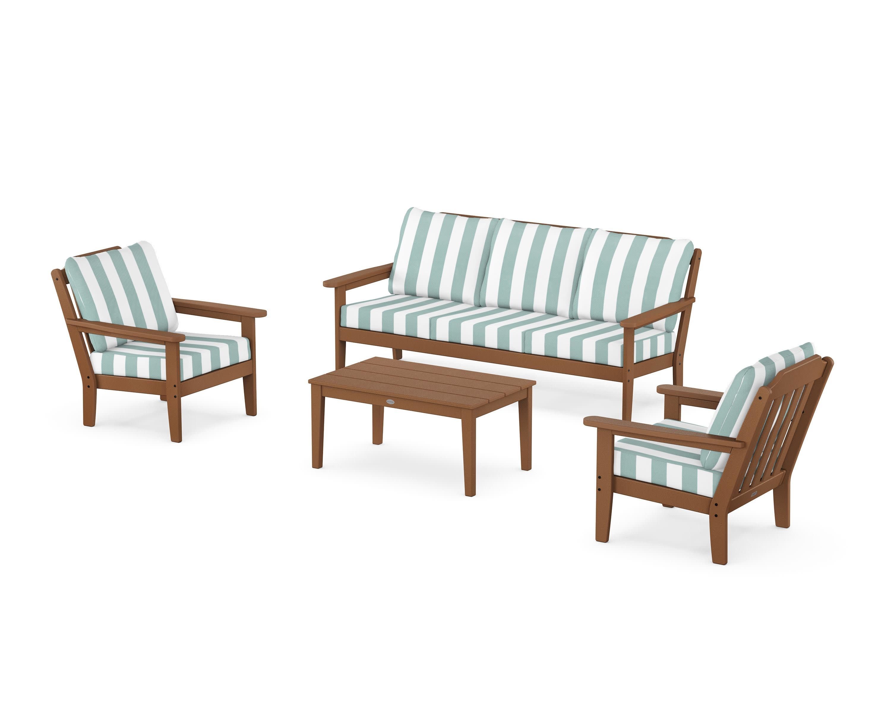 Cottage 4-Piece Deep Seating Set with Sofa in Teak / Cabana Stripe Glacier Spa