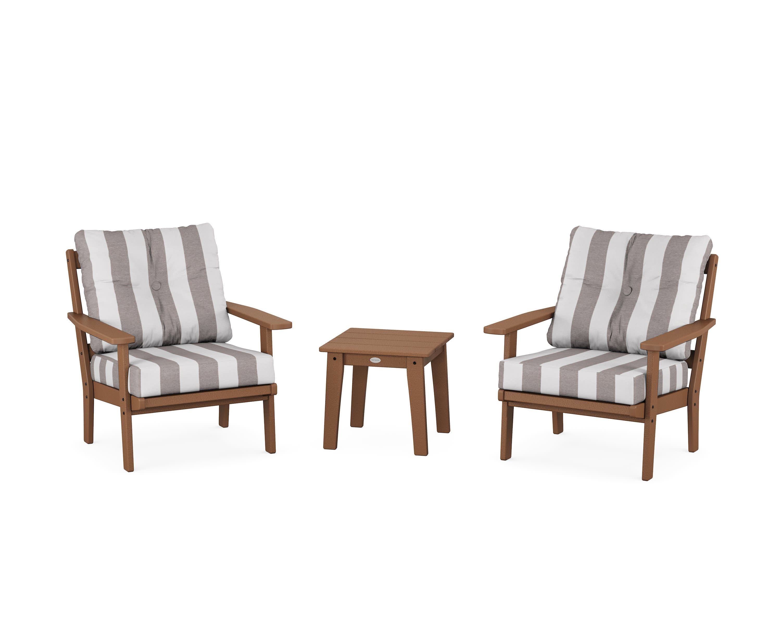 Prairie 3-Piece Deep Seating Set in Teak / Cabana Stripe Grey Mist