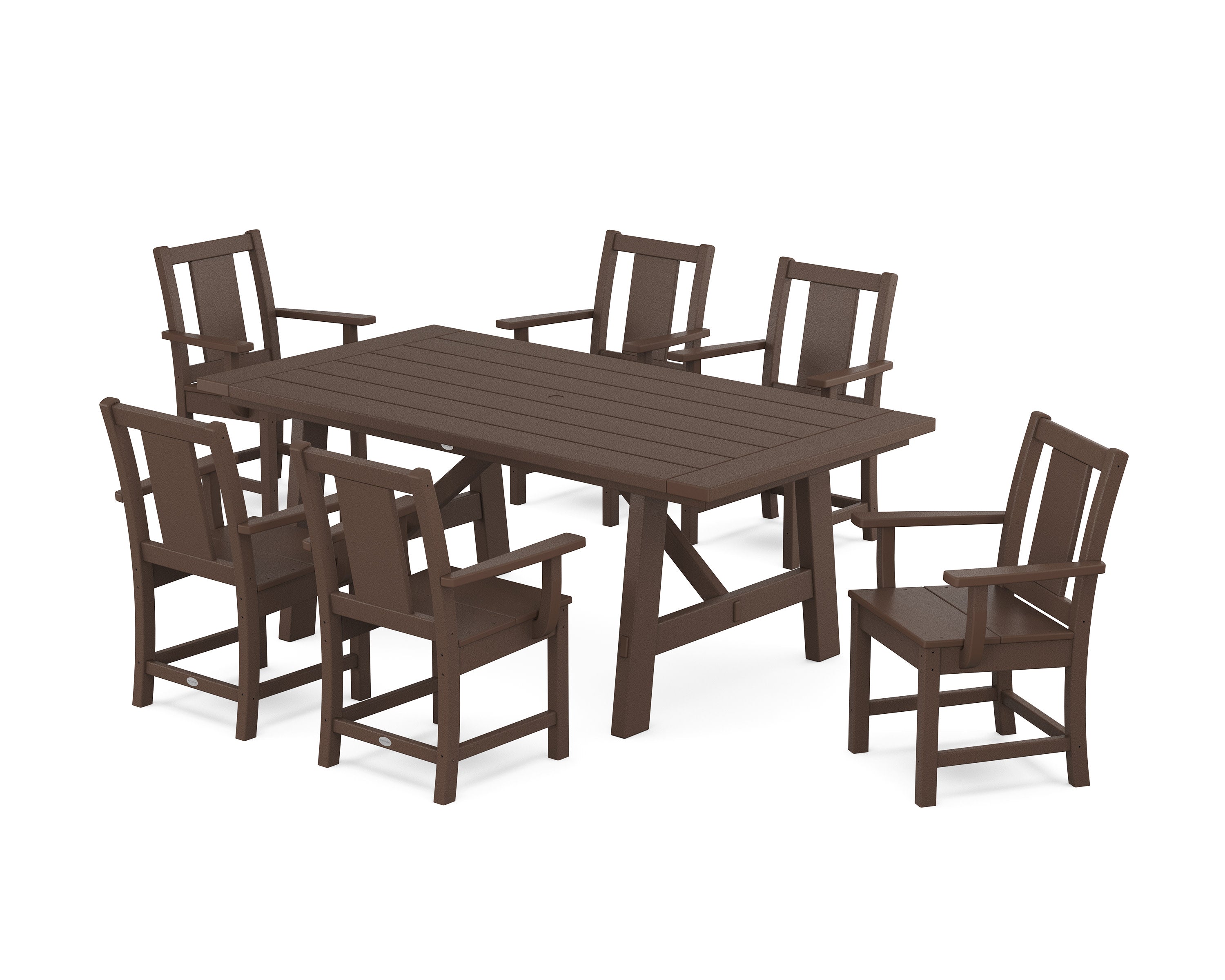 Prairie Arm Chair 7-Piece Rustic Farmhouse Dining Set in Mahogany