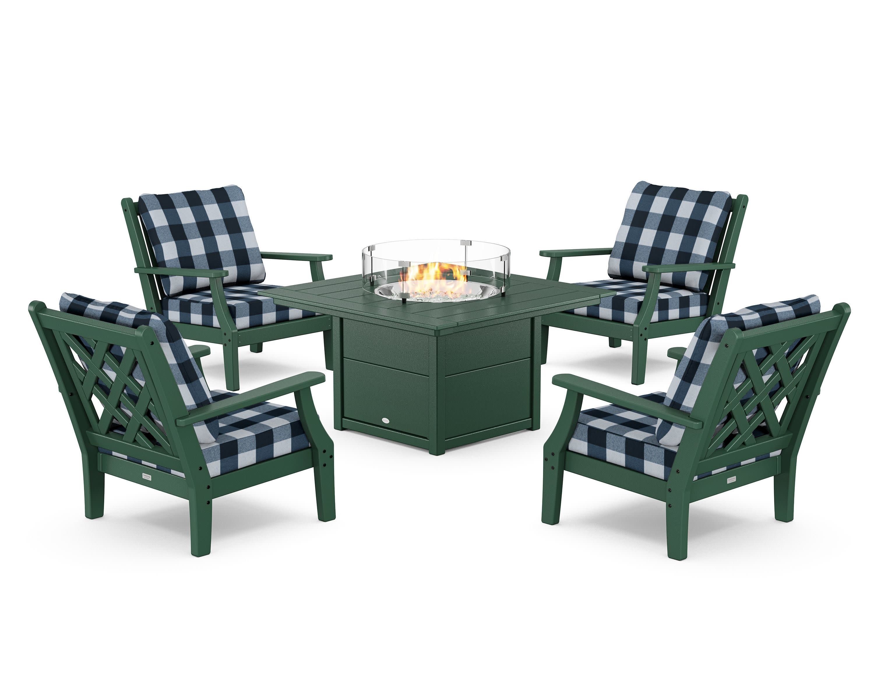 Wovendale 5-Piece Deep Seating Set with Fire Pit Table in Green / Buffalo Plaid Marine Indigo