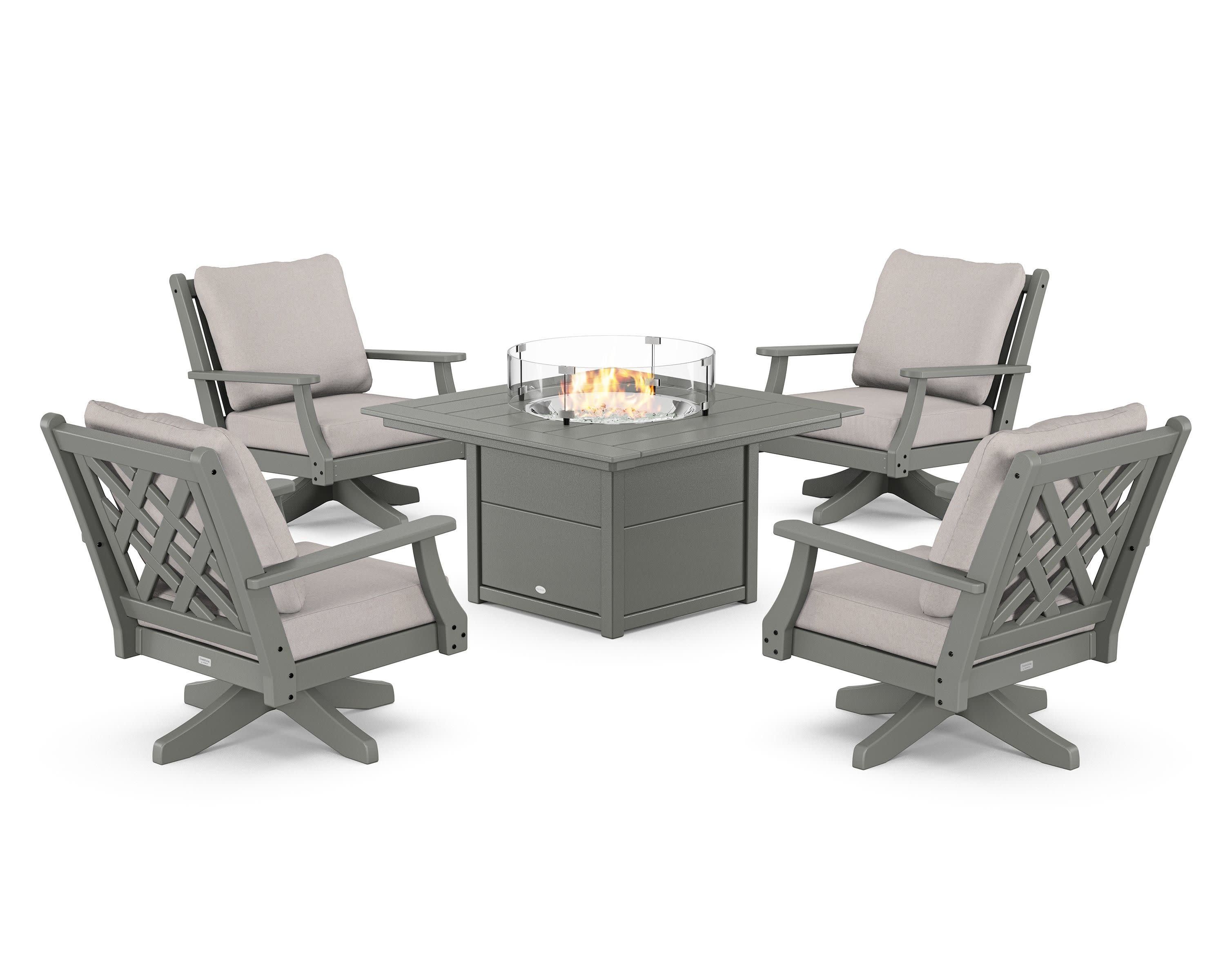 Wovendale 5-Piece Deep Seating Swivel Conversation Set with Fire Pit Table in Slate Grey / Dune Burlap