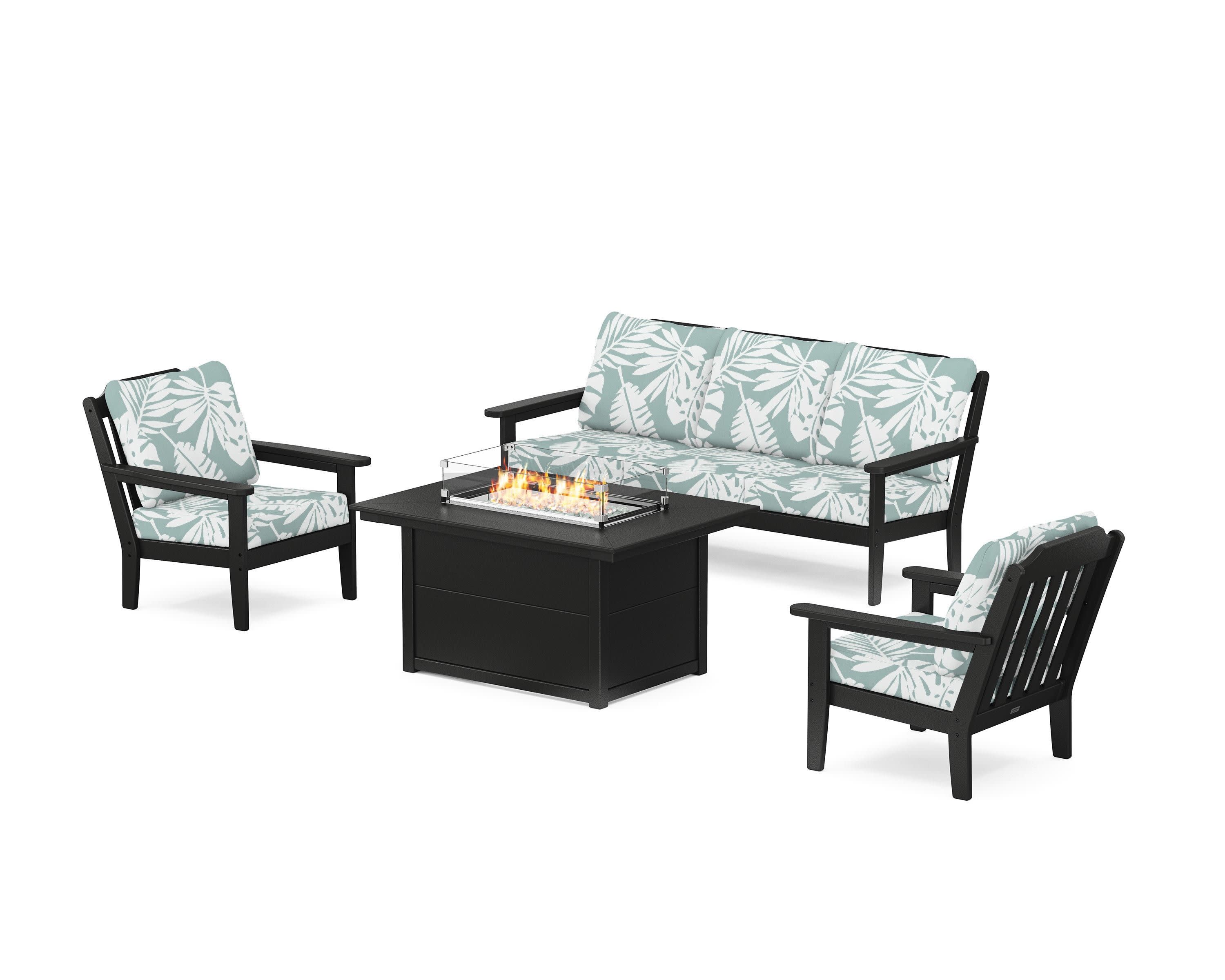 Cottage Deep Seating Fire Pit Table Set in Black / Leaf Glacier Spa