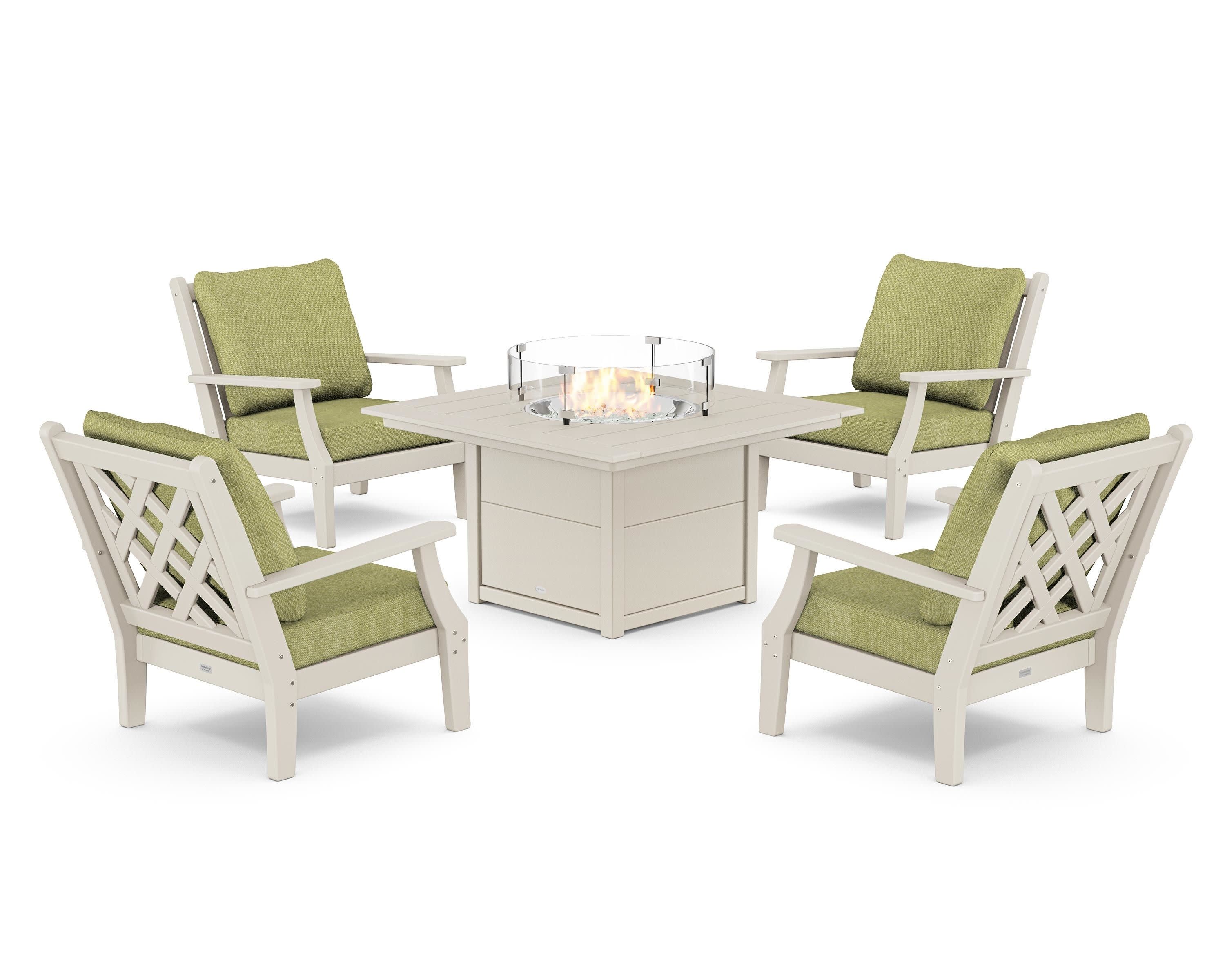 Wovendale 5-Piece Deep Seating Set with Fire Pit Table in Sand / Chartreuse Boucle