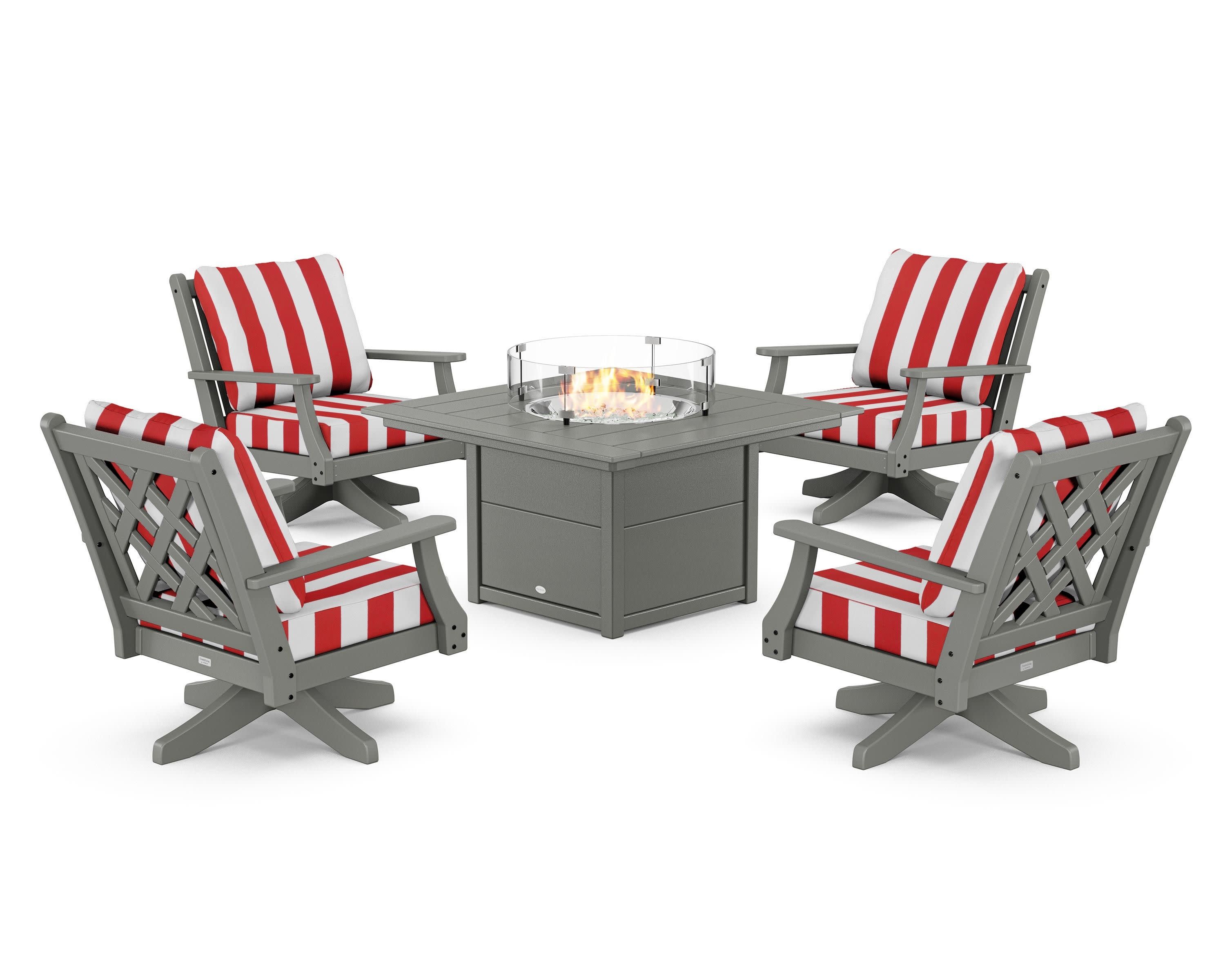 Wovendale 5-Piece Deep Seating Swivel Conversation Set with Fire Pit Table in Slate Grey / Cabana Stripe Crimson