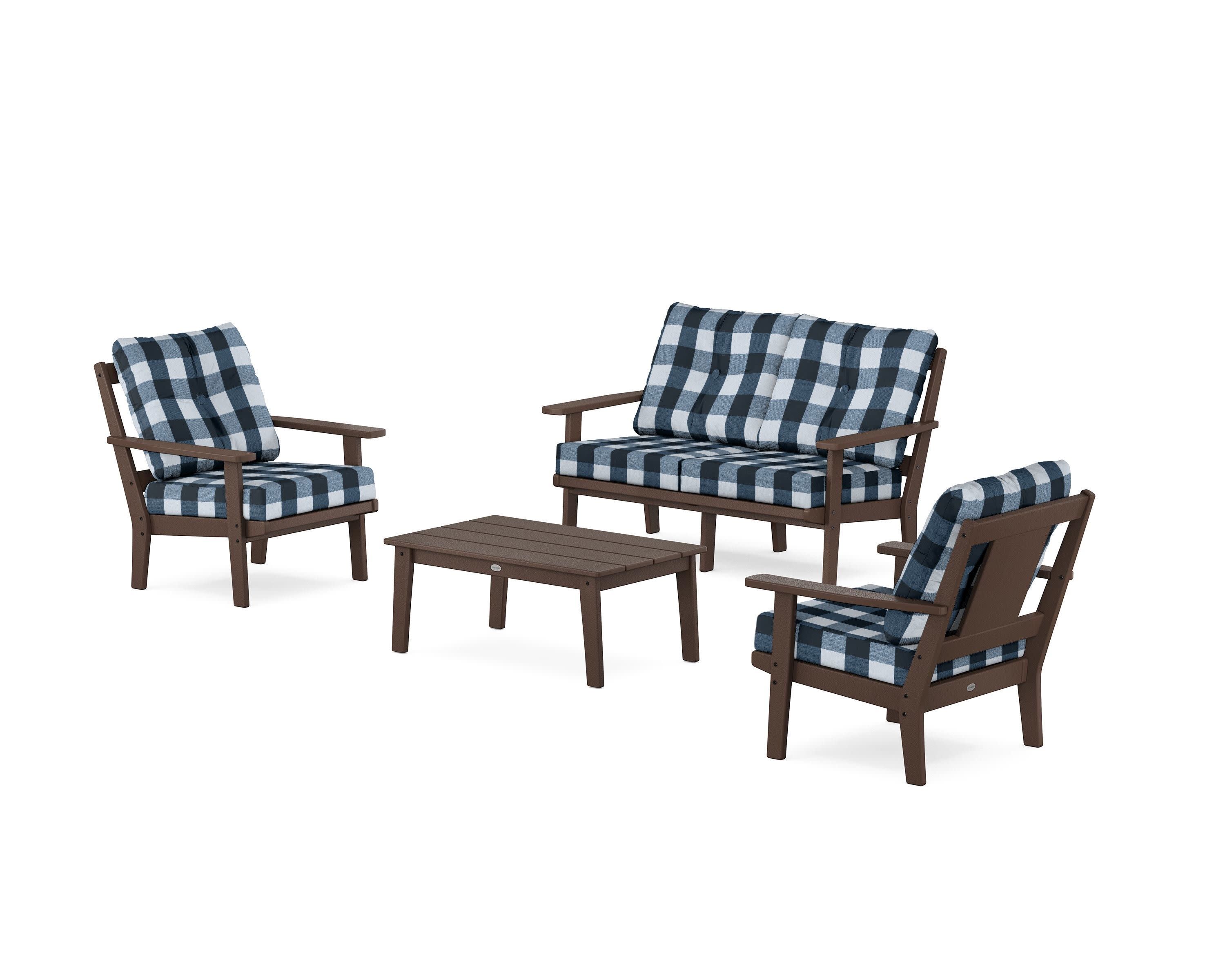 Prairie 4-Piece Deep Seating Set with Loveseat in Mahogany / Buffalo Plaid Marine Indigo