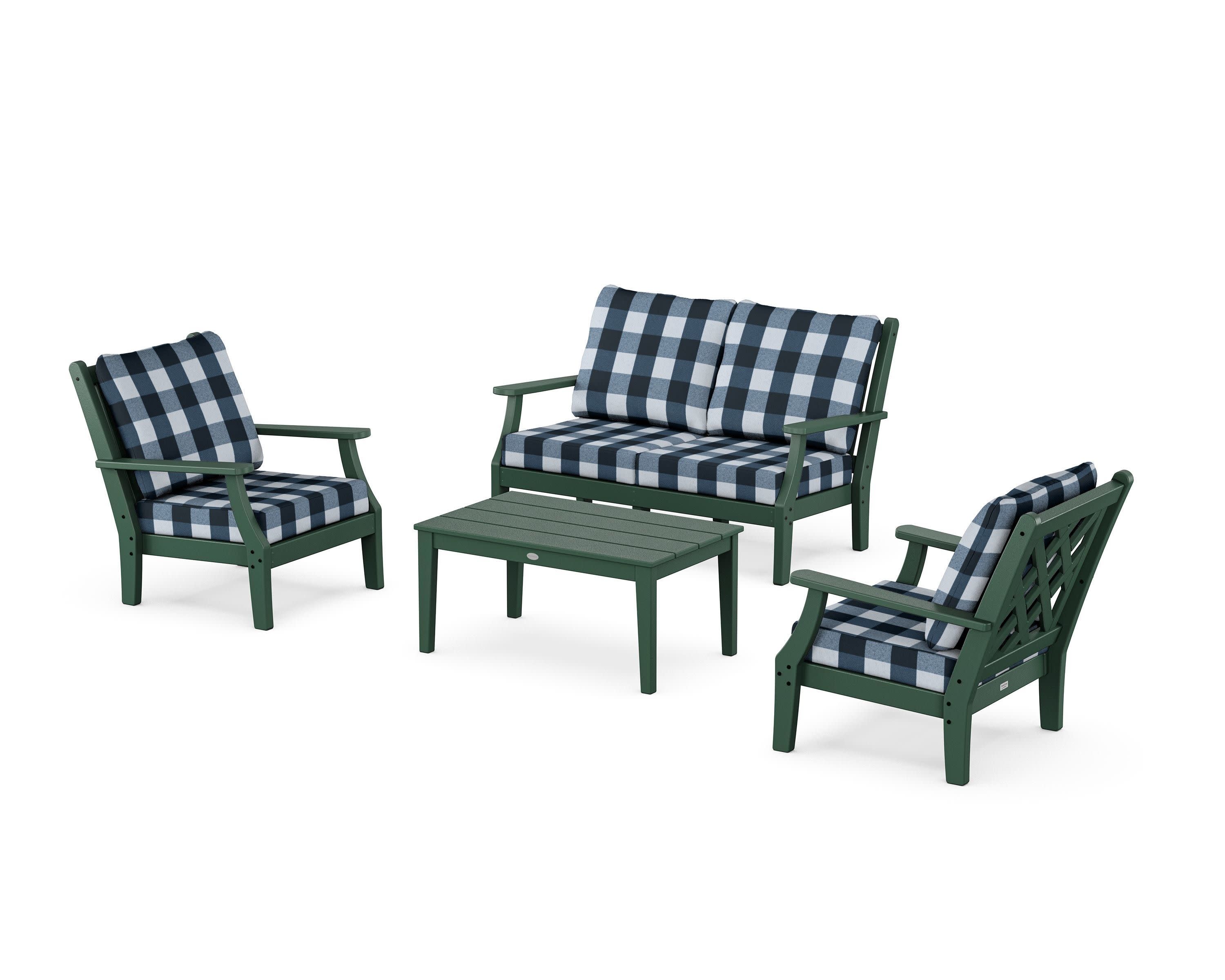 Wovendale 4-Piece Deep Seating Set with Loveseat in Green / Buffalo Plaid Marine Indigo