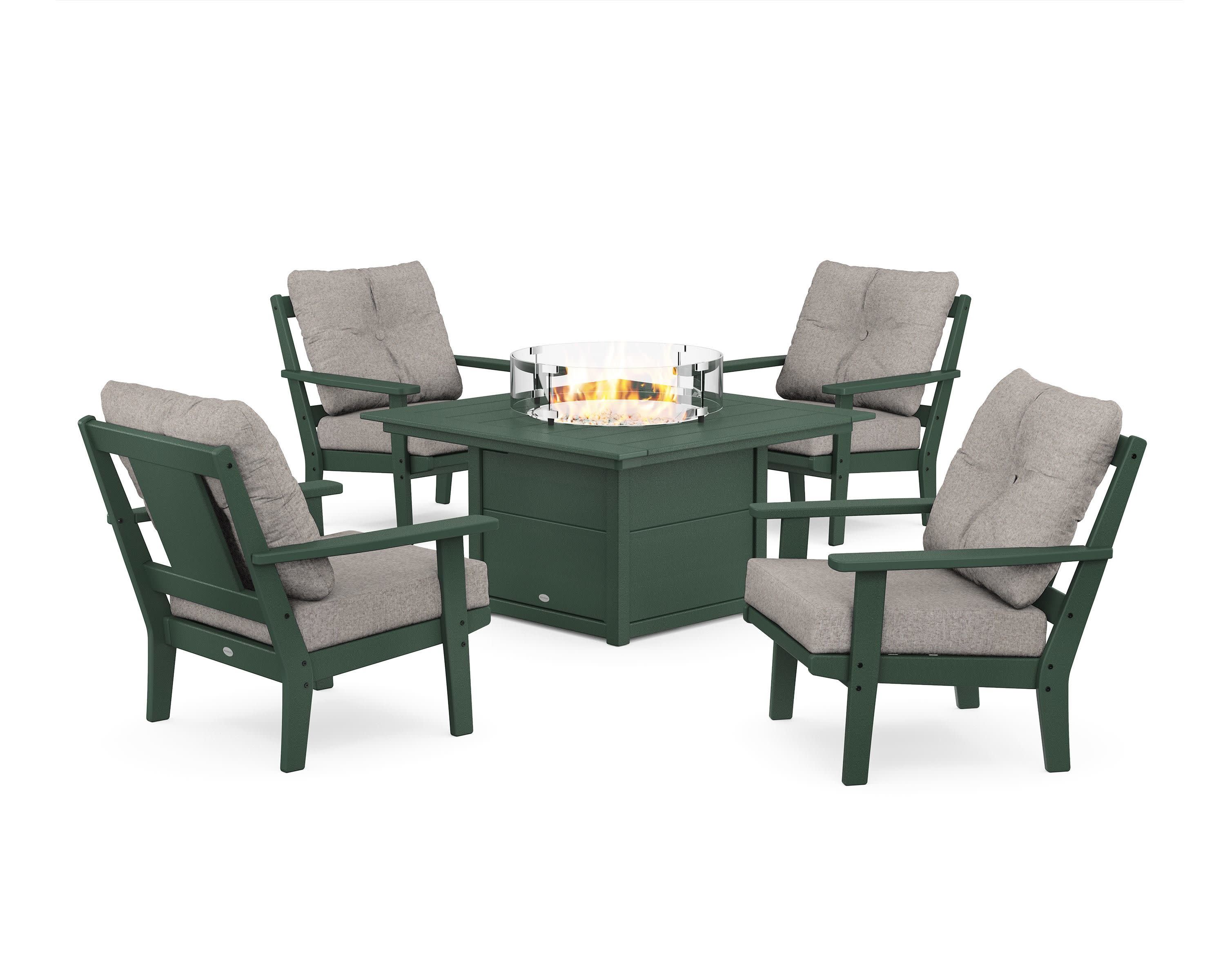 Prairie 5-Piece Deep Seating Set with Fire Pit Table in Green / Weathered Tweed