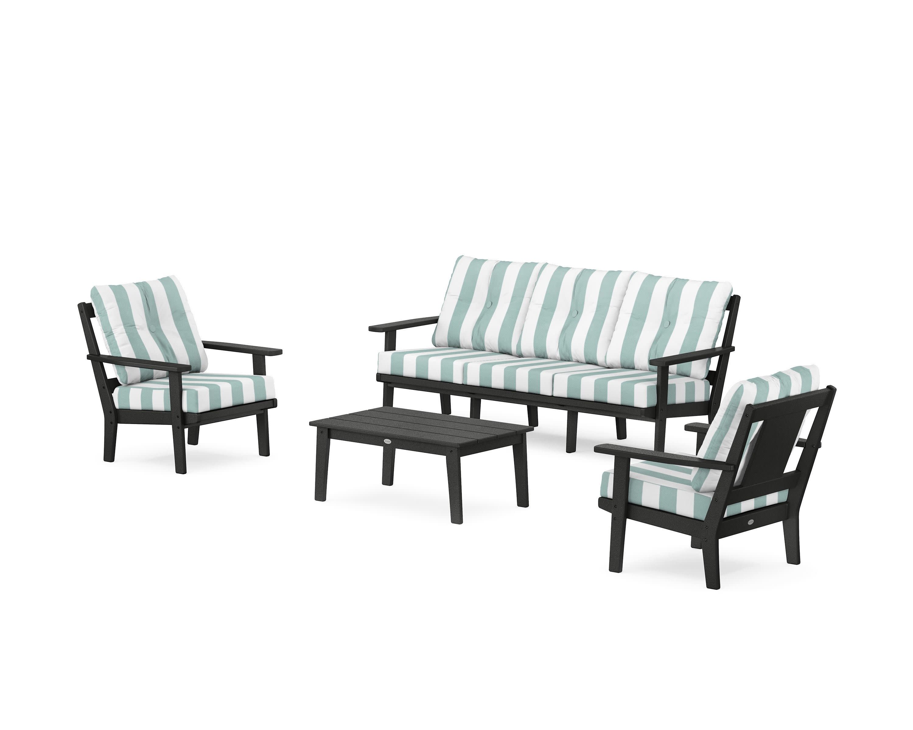 Prairie 4-Piece Deep Seating Set with Sofa in Black / Cabana Stripe Glacier Spa
