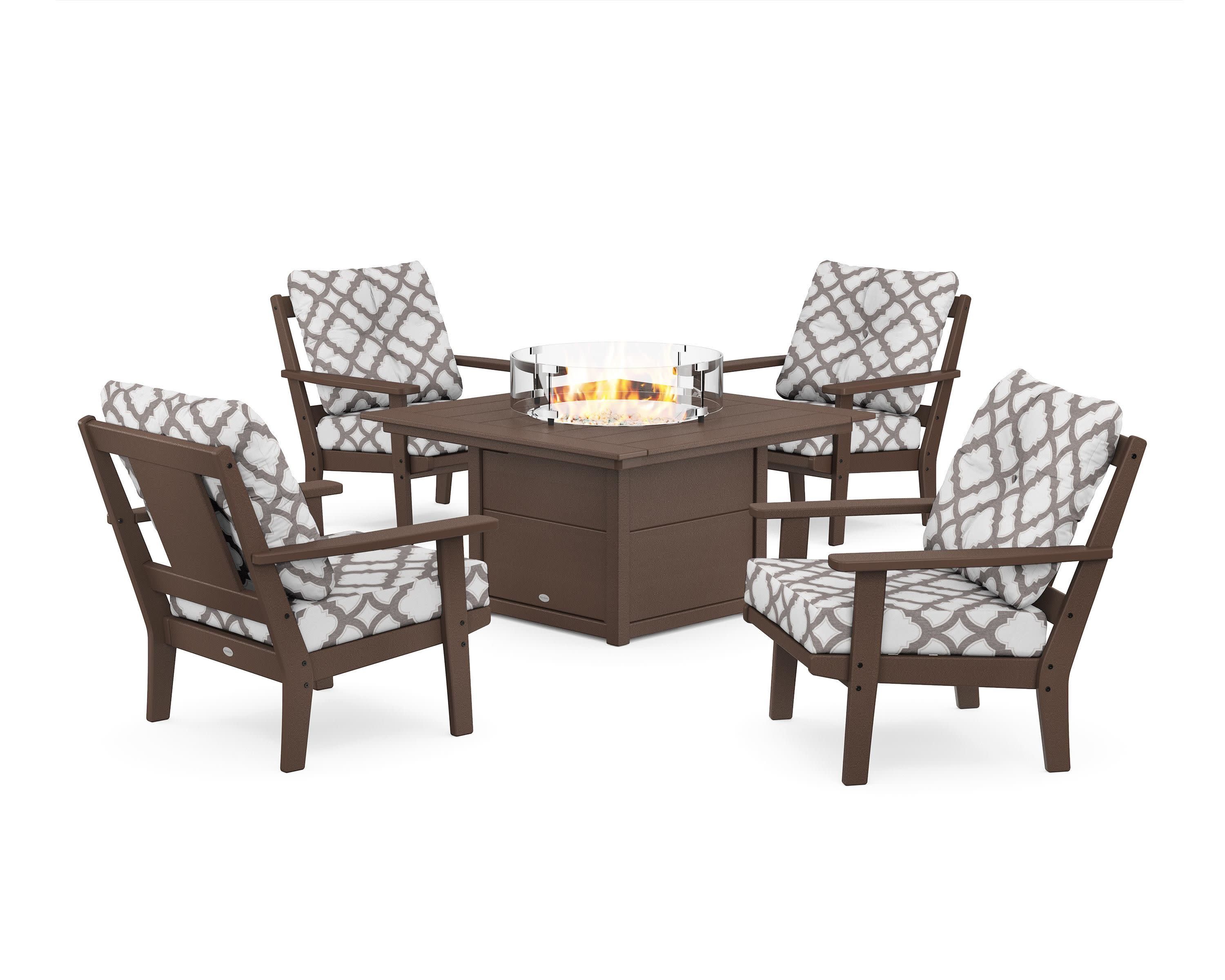 Prairie 5-Piece Deep Seating Set with Fire Pit Table in Mahogany / Trellis Grey Mist
