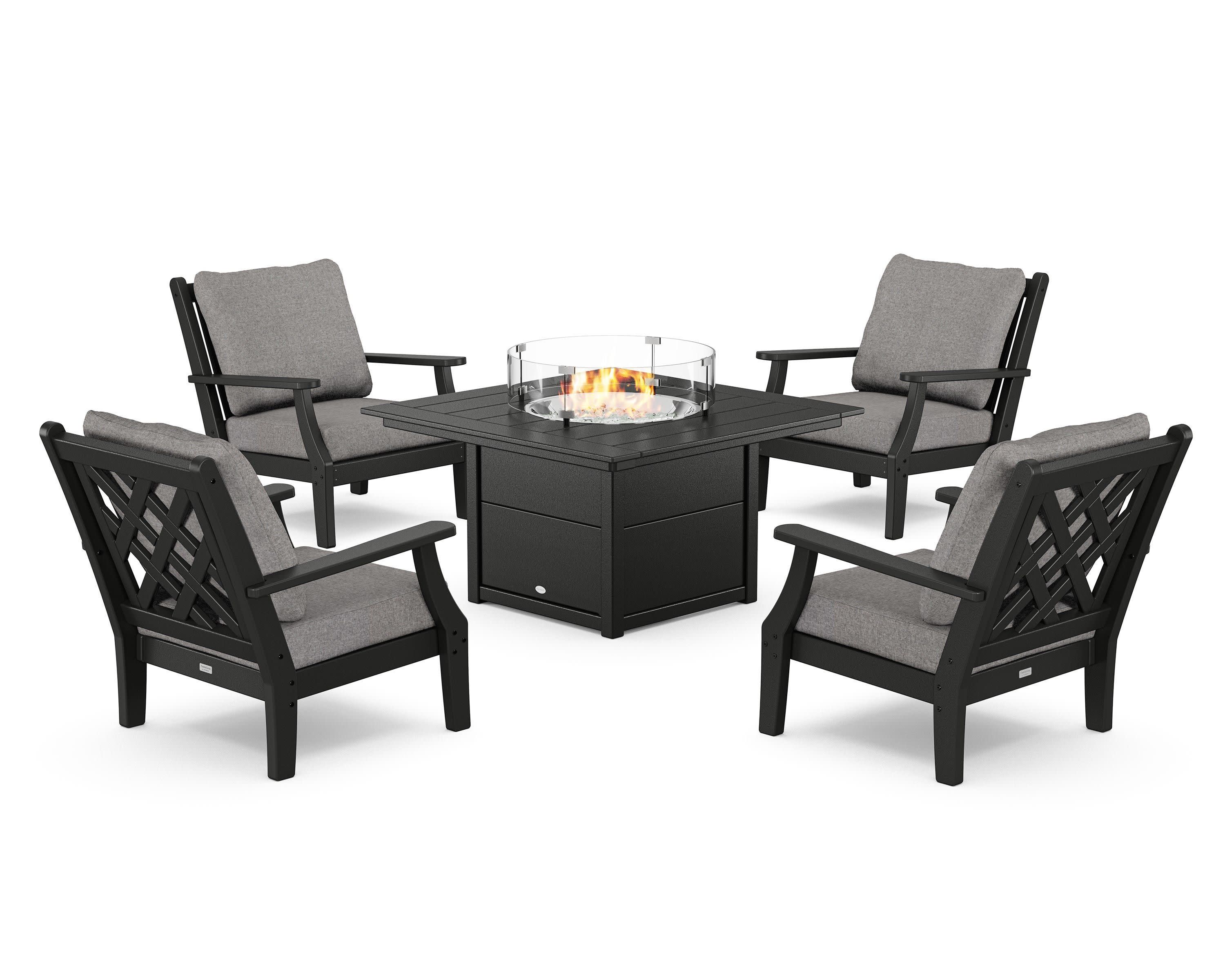 Wovendale 5-Piece Deep Seating Set with Fire Pit Table in Black / Grey Mist