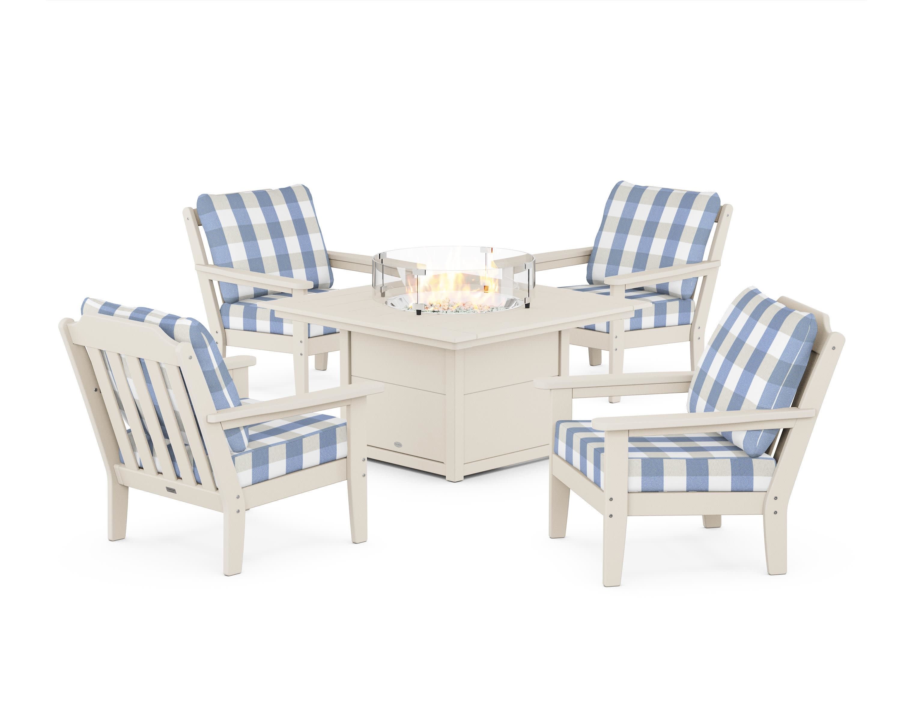 Cottage 5-Piece Deep Seating Set with Fire Pit Table in Sand / Buffalo Plaid Sky Blue