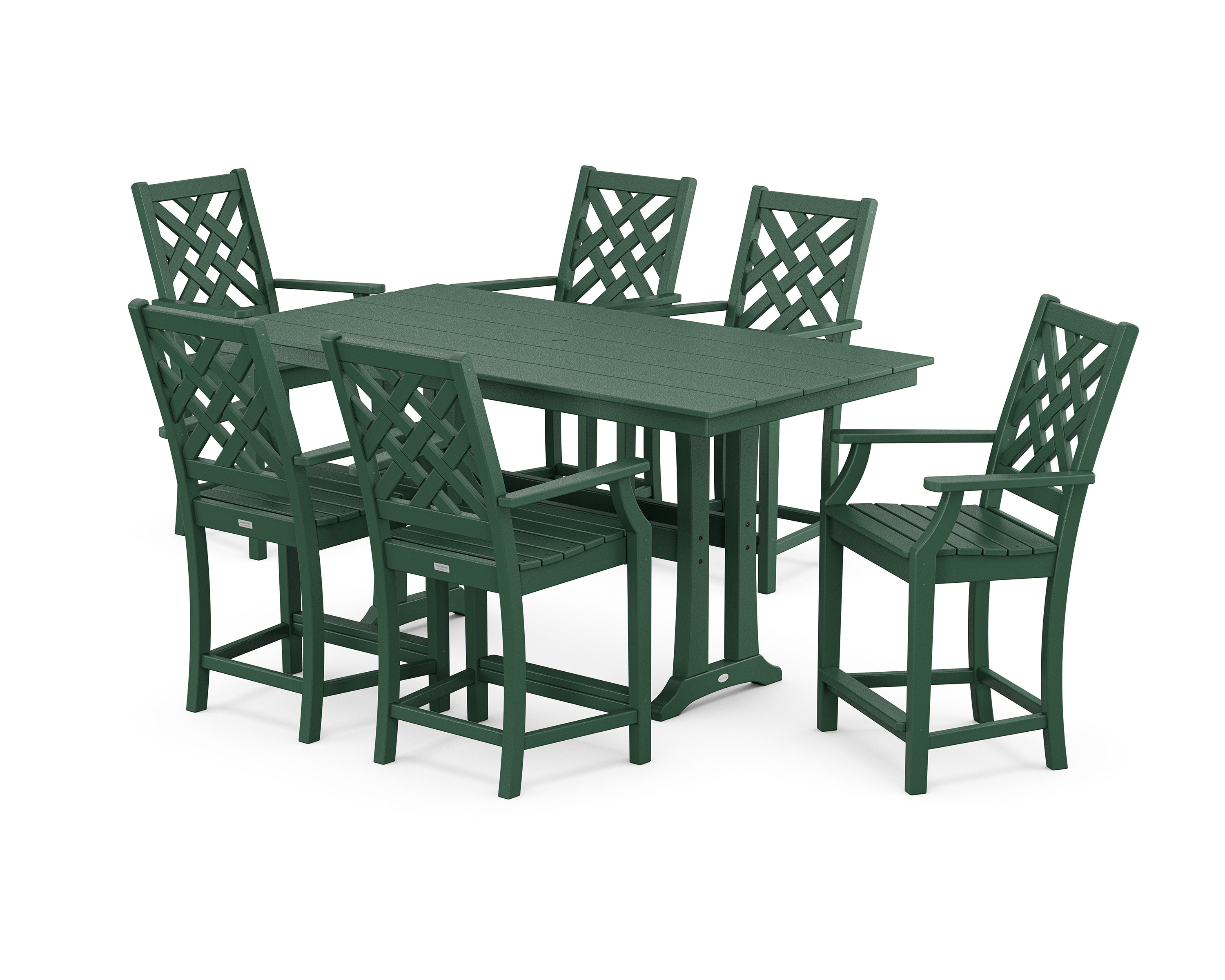 Wovendale Arm Chair 7-Piece Farmhouse Counter Set with Trestle Legs in Green