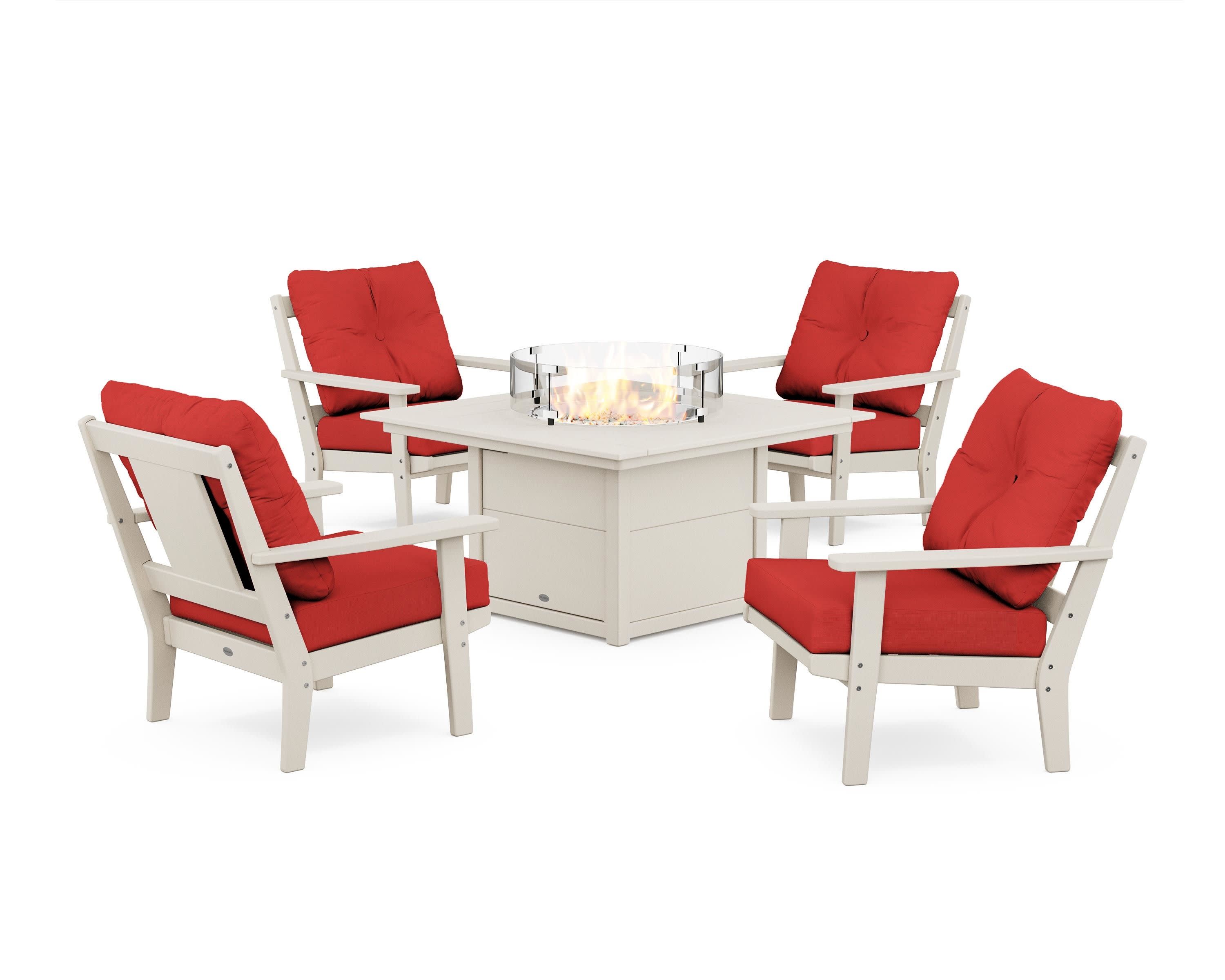 Prairie 5-Piece Deep Seating Set with Fire Pit Table in Sand / Crimson Linen