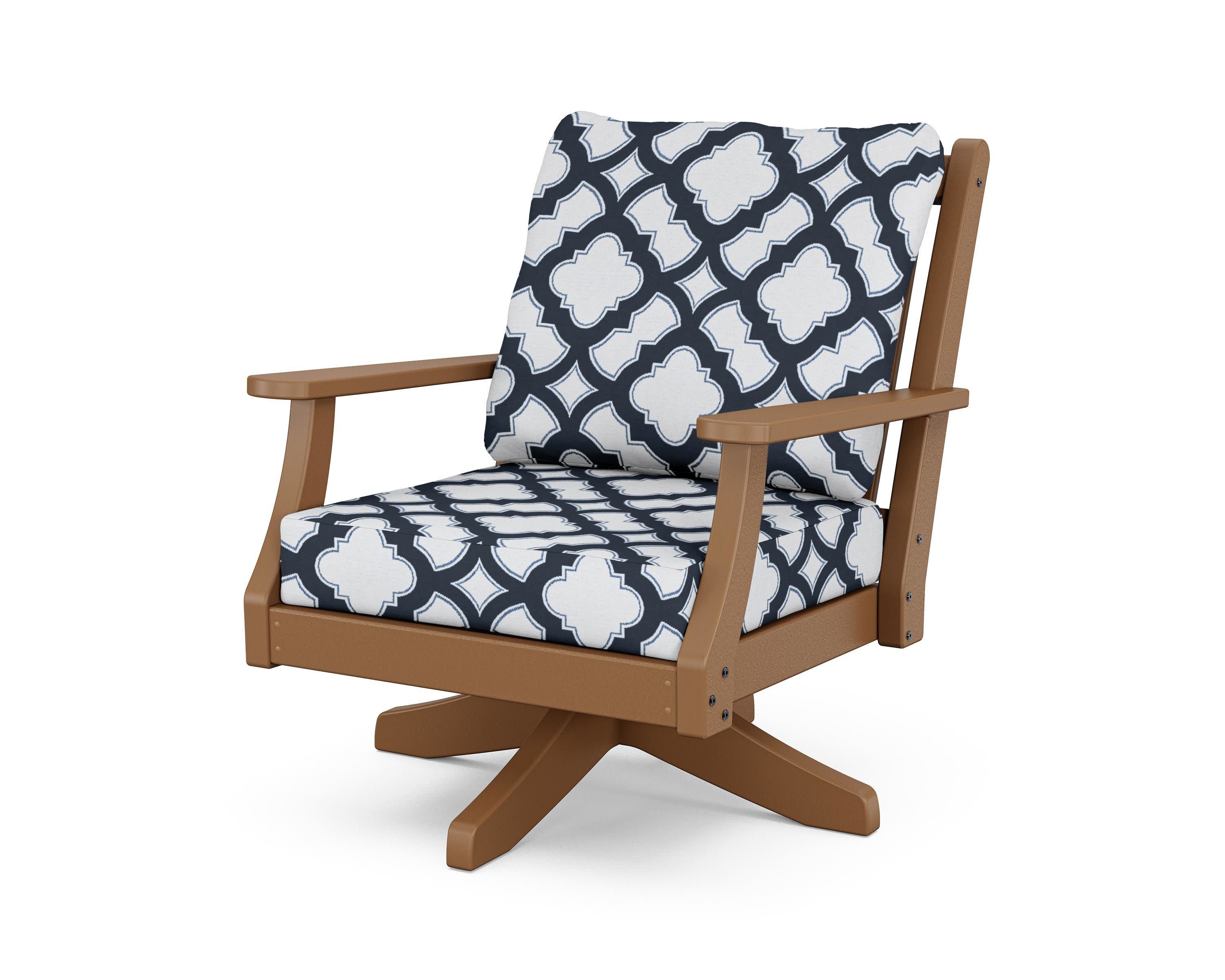 Wovendale Deep Seating Swivel Chair in Teak / Trellis Marine Indigo