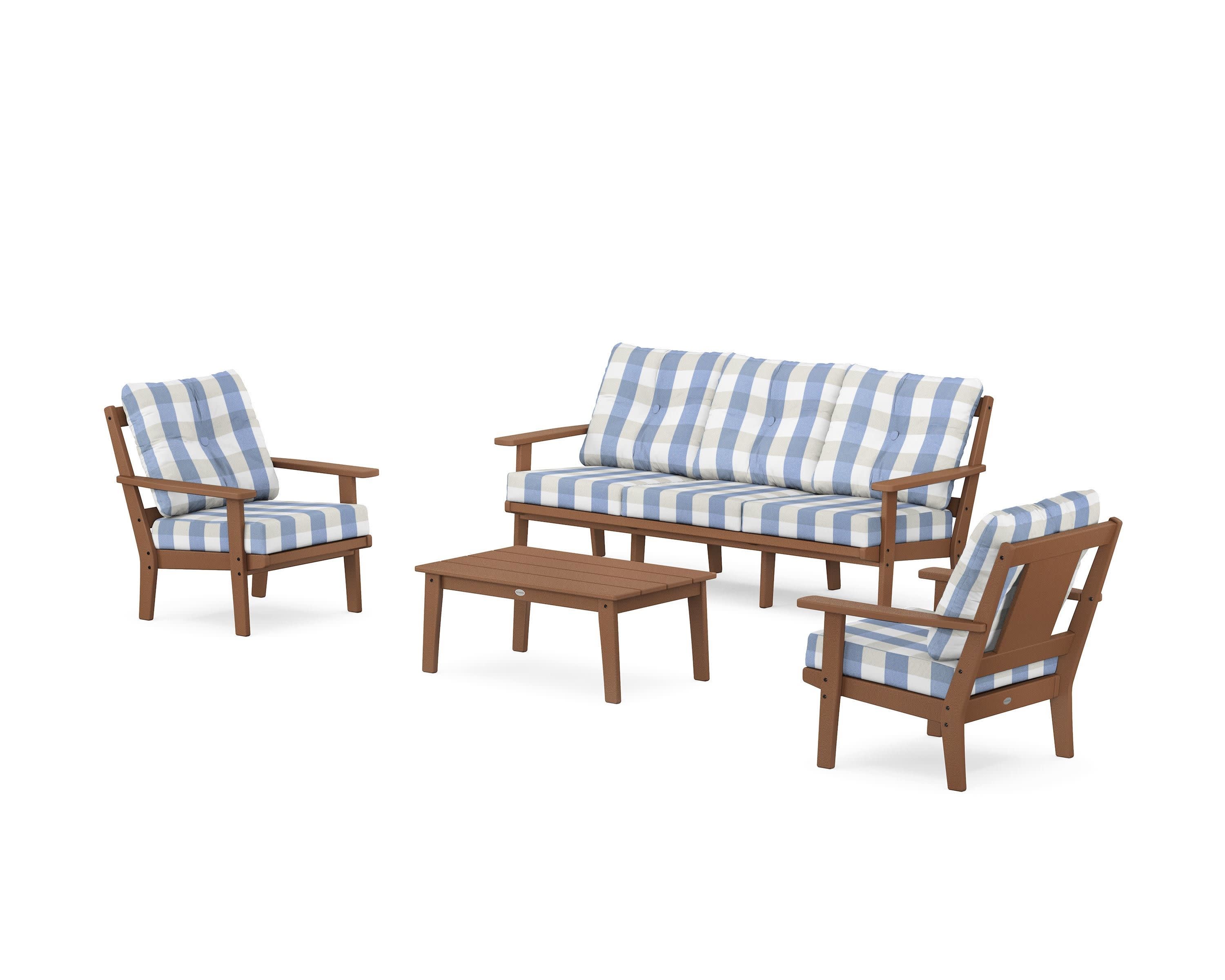 Prairie 4-Piece Deep Seating Set with Sofa in Teak / Buffalo Plaid Sky Blue