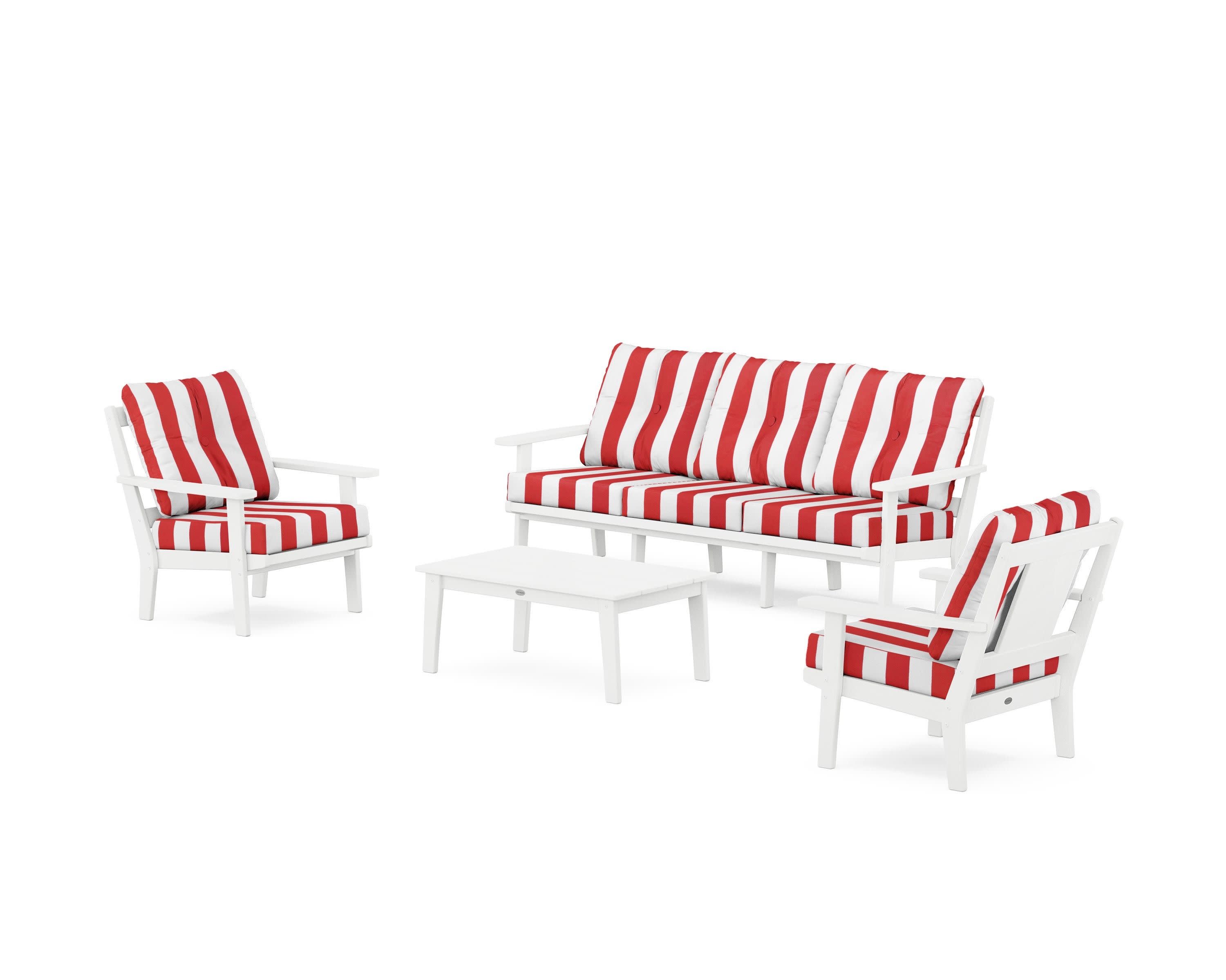 Prairie 4-Piece Deep Seating Set with Sofa in White / Cabana Stripe Crimson