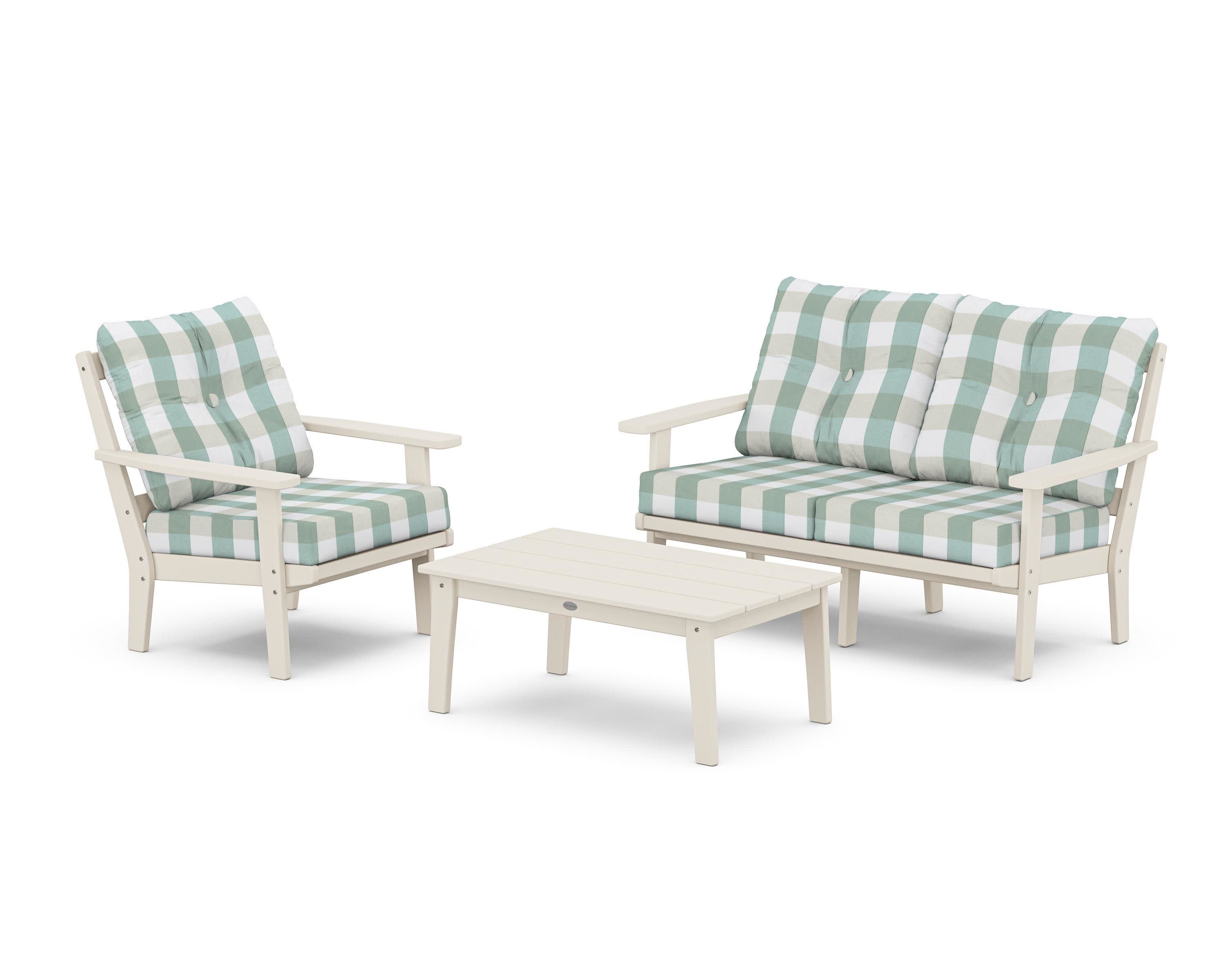 Prairie 3-Piece Deep Seating Set with Loveseat in Sand / Buffalo Plaid Glacier Spa