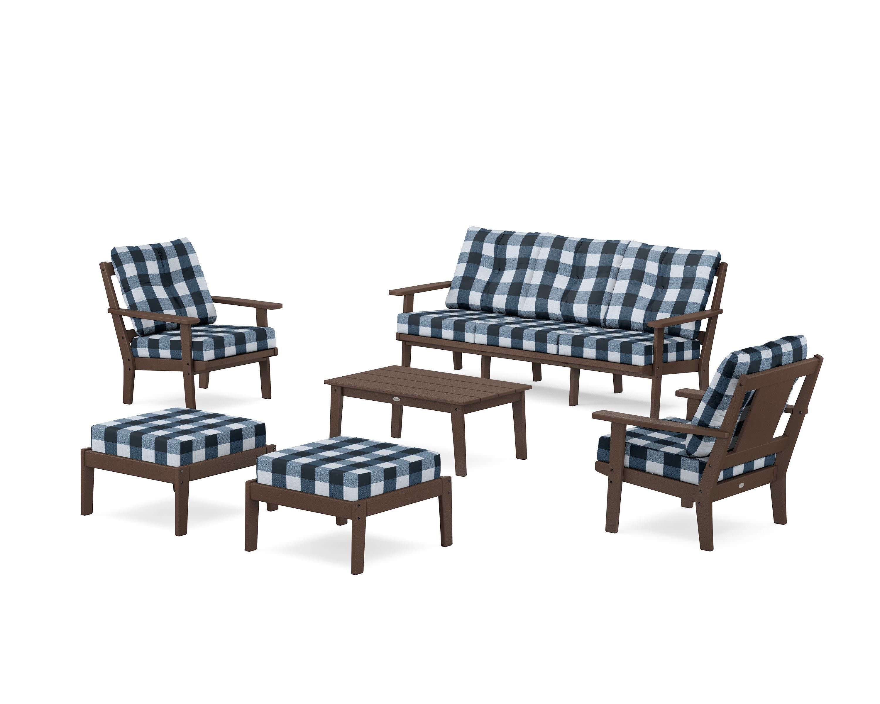 Prairie 6-Piece Lounge Sofa Set in Mahogany / Buffalo Plaid Marine Indigo