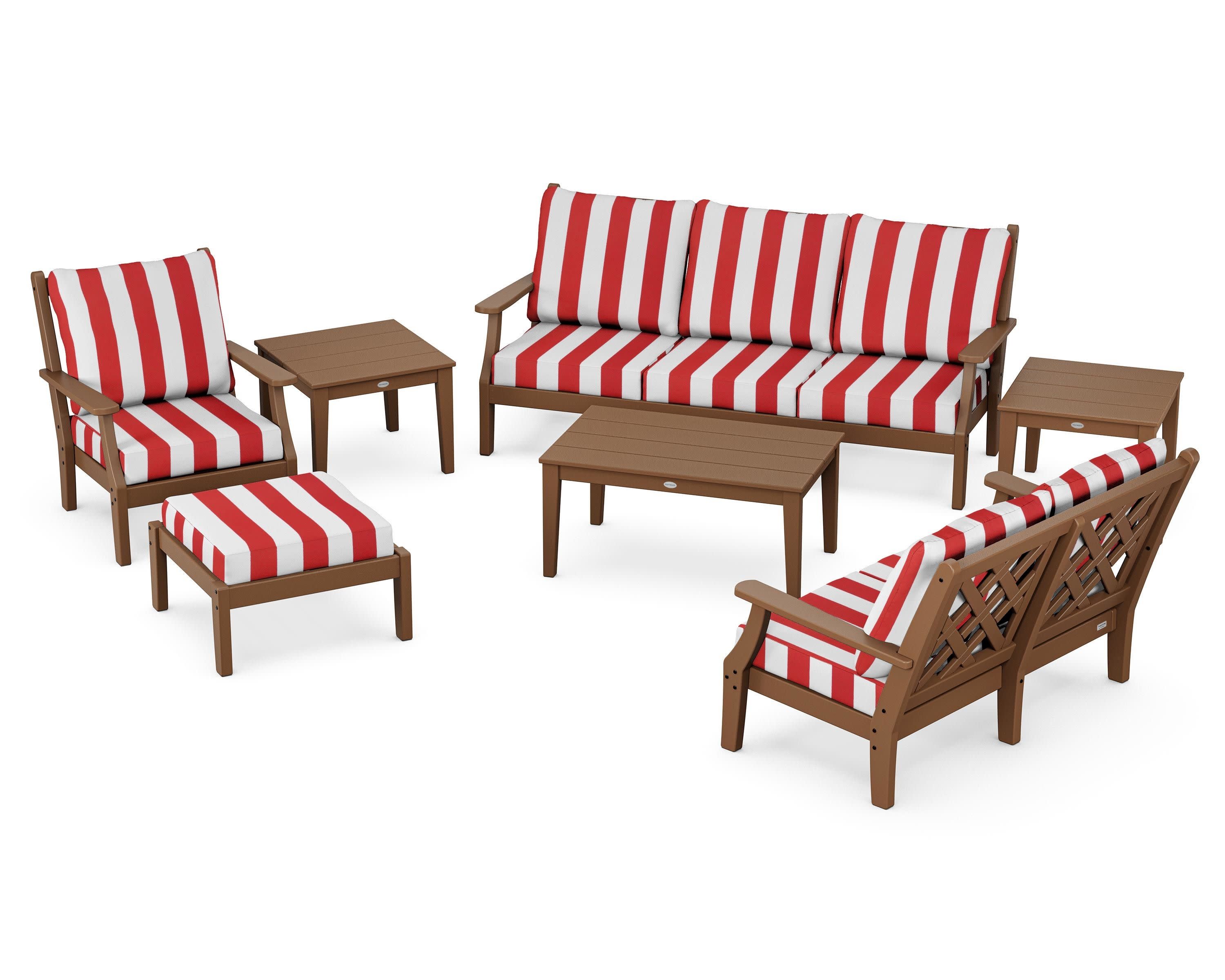 Wovendale 7-Piece Deep Seating Set in Teak / Cabana Stripe Crimson