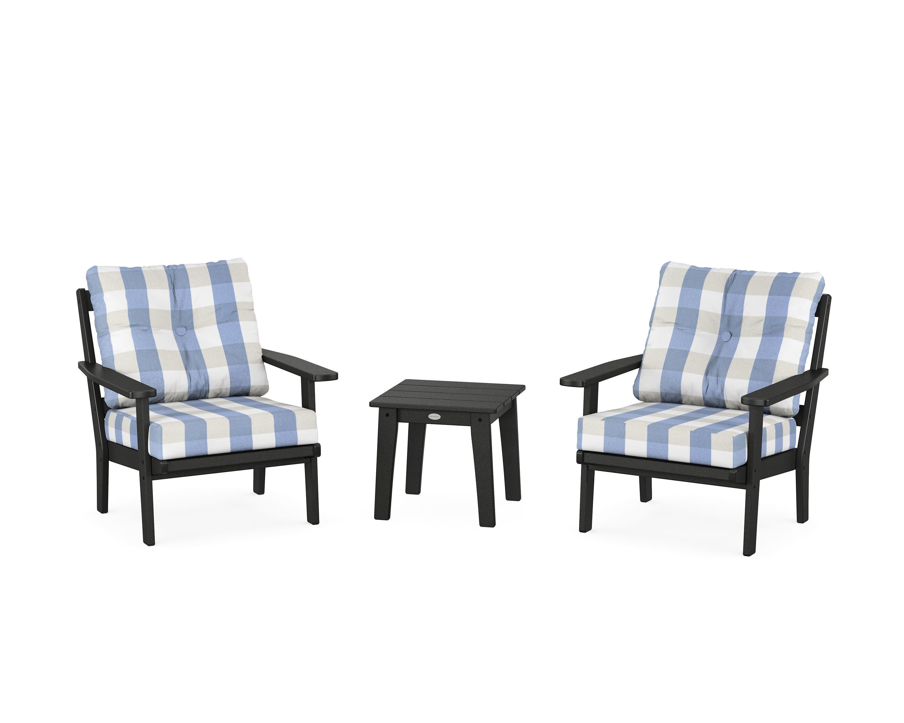 Prairie 3-Piece Deep Seating Set in Black / Buffalo Plaid Sky Blue