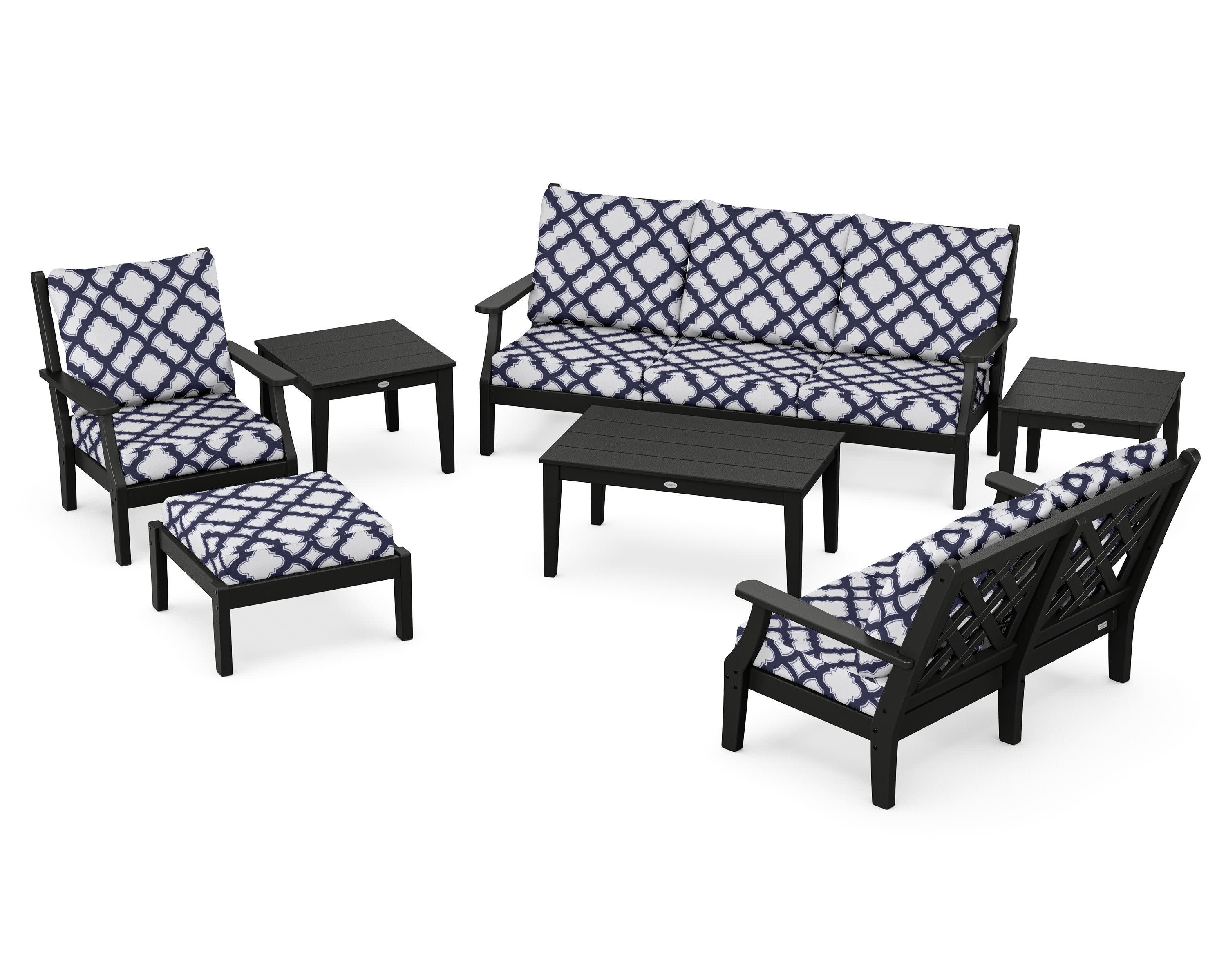 Wovendale 7-Piece Deep Seating Set in Black / Trellis Navy