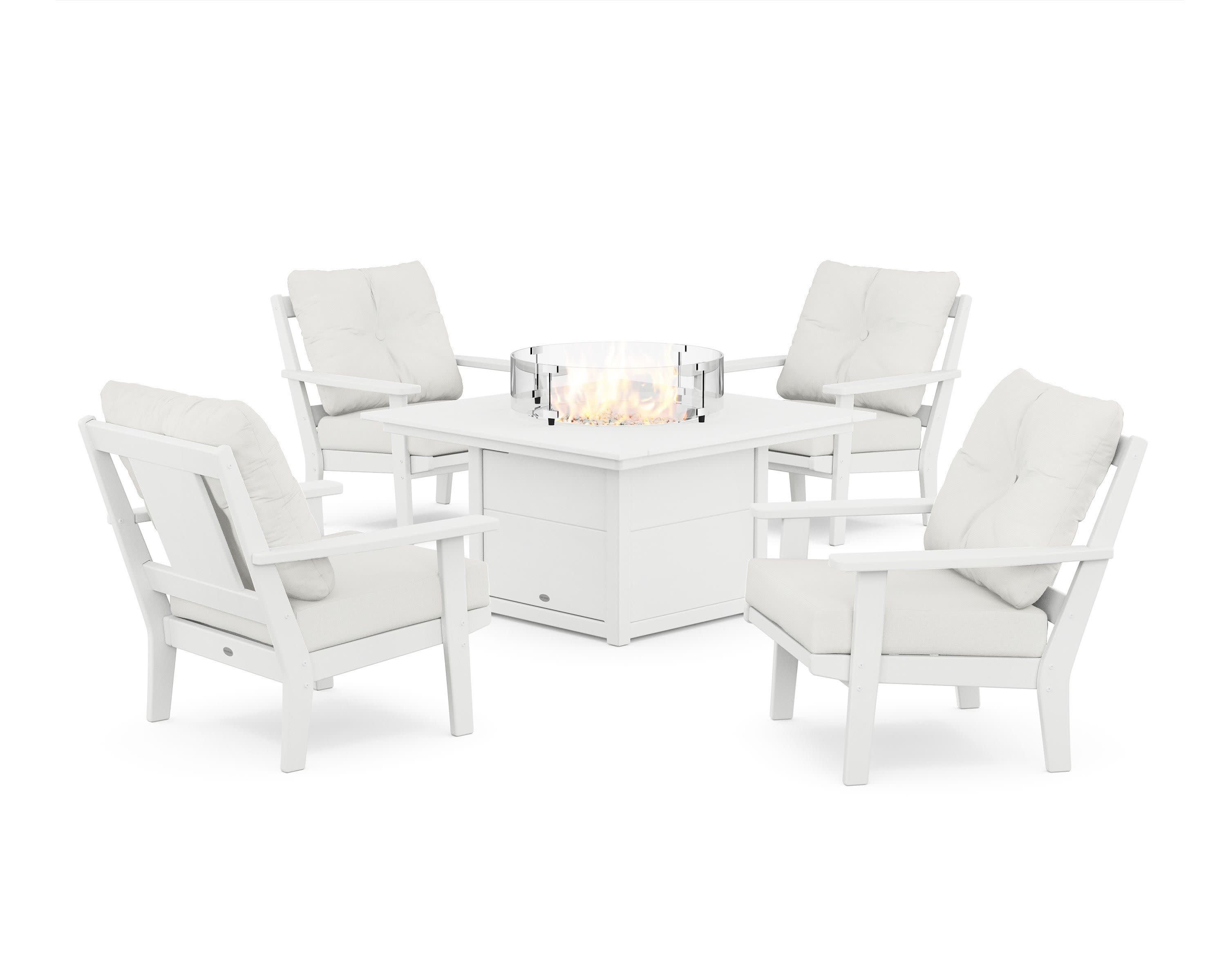 Prairie 5-Piece Deep Seating Set with Fire Pit Table in White / Natural Linen