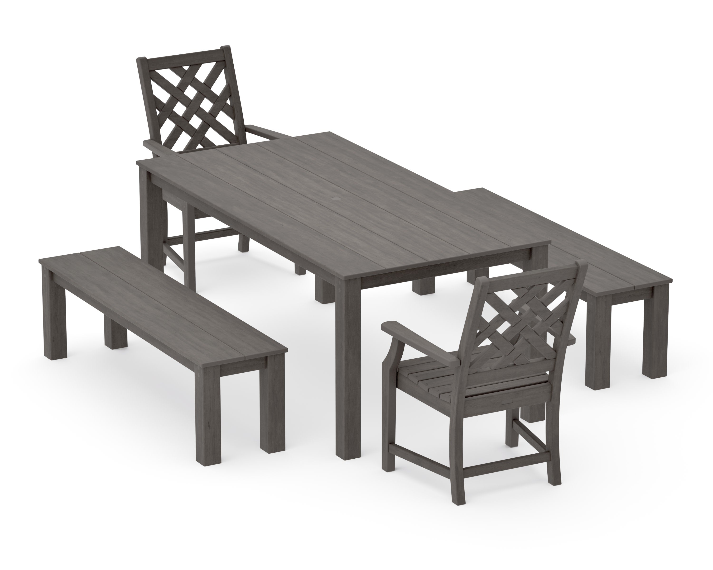 Wovendale 5-Piece Parsons Dining Set with Benches in Driftwood