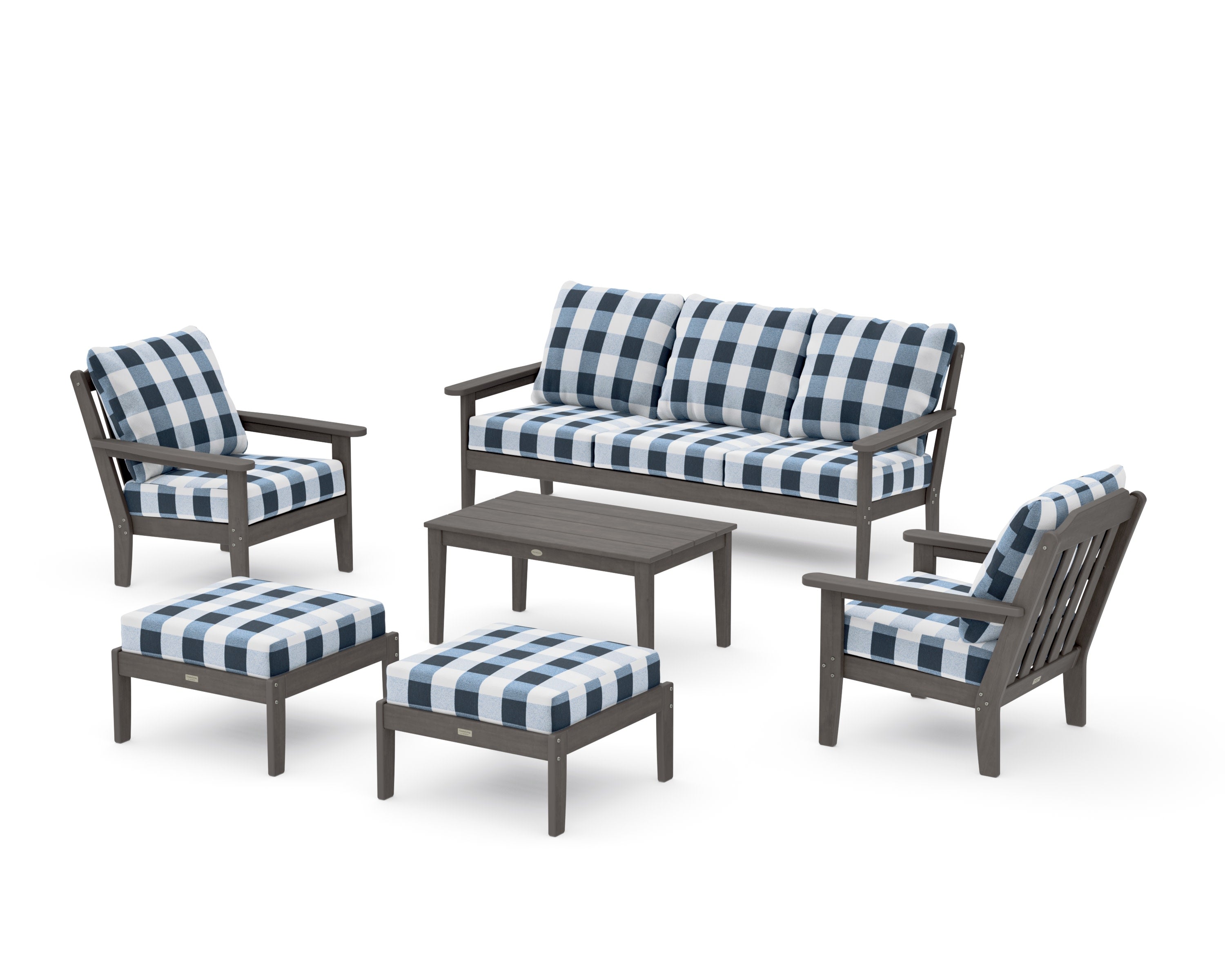 Cottage 6-Piece Lounge Sofa Set in Driftwood / Buffalo Plaid Marine Indigo