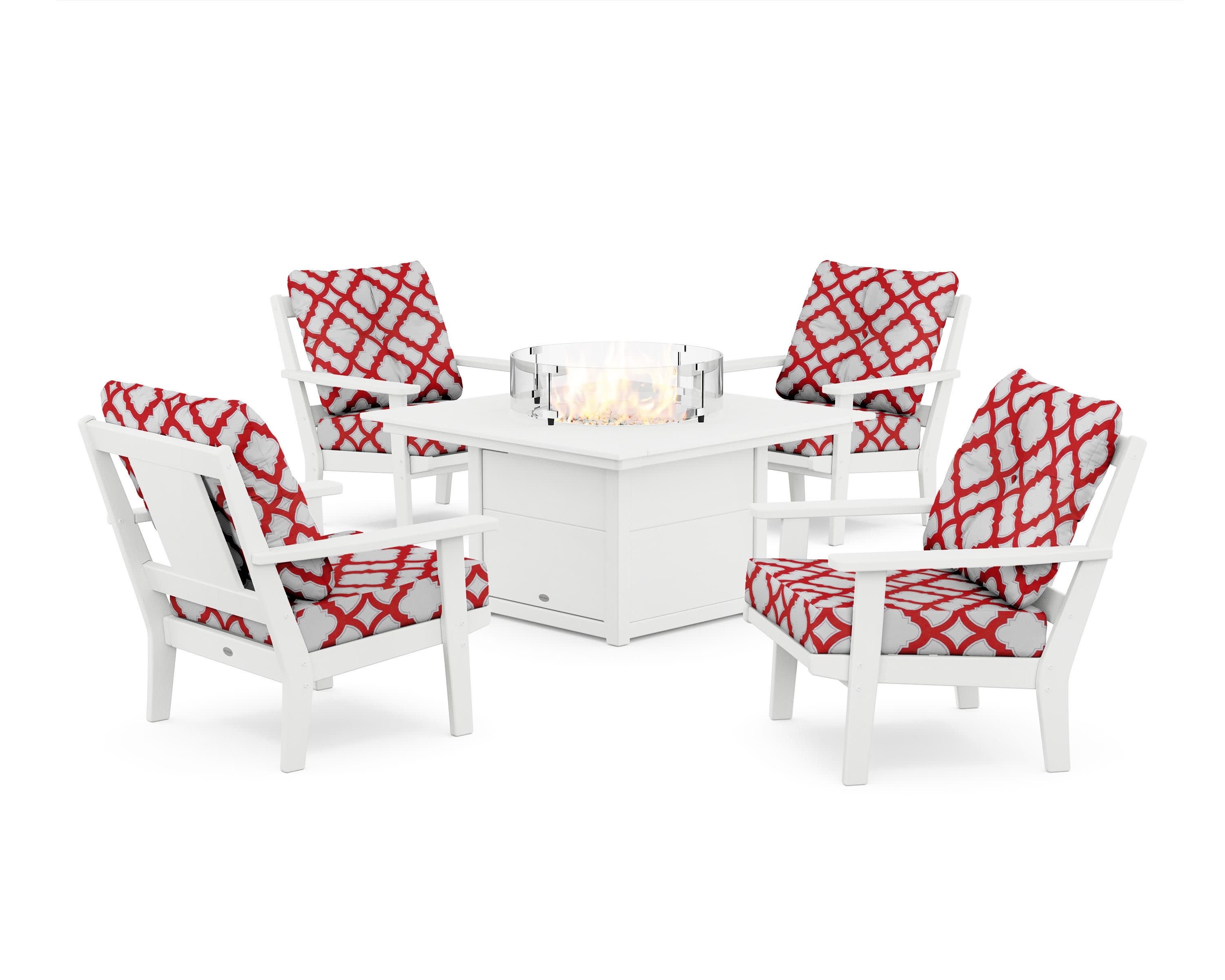 Prairie 5-Piece Deep Seating Set with Fire Pit Table in White / Trellis Crimson