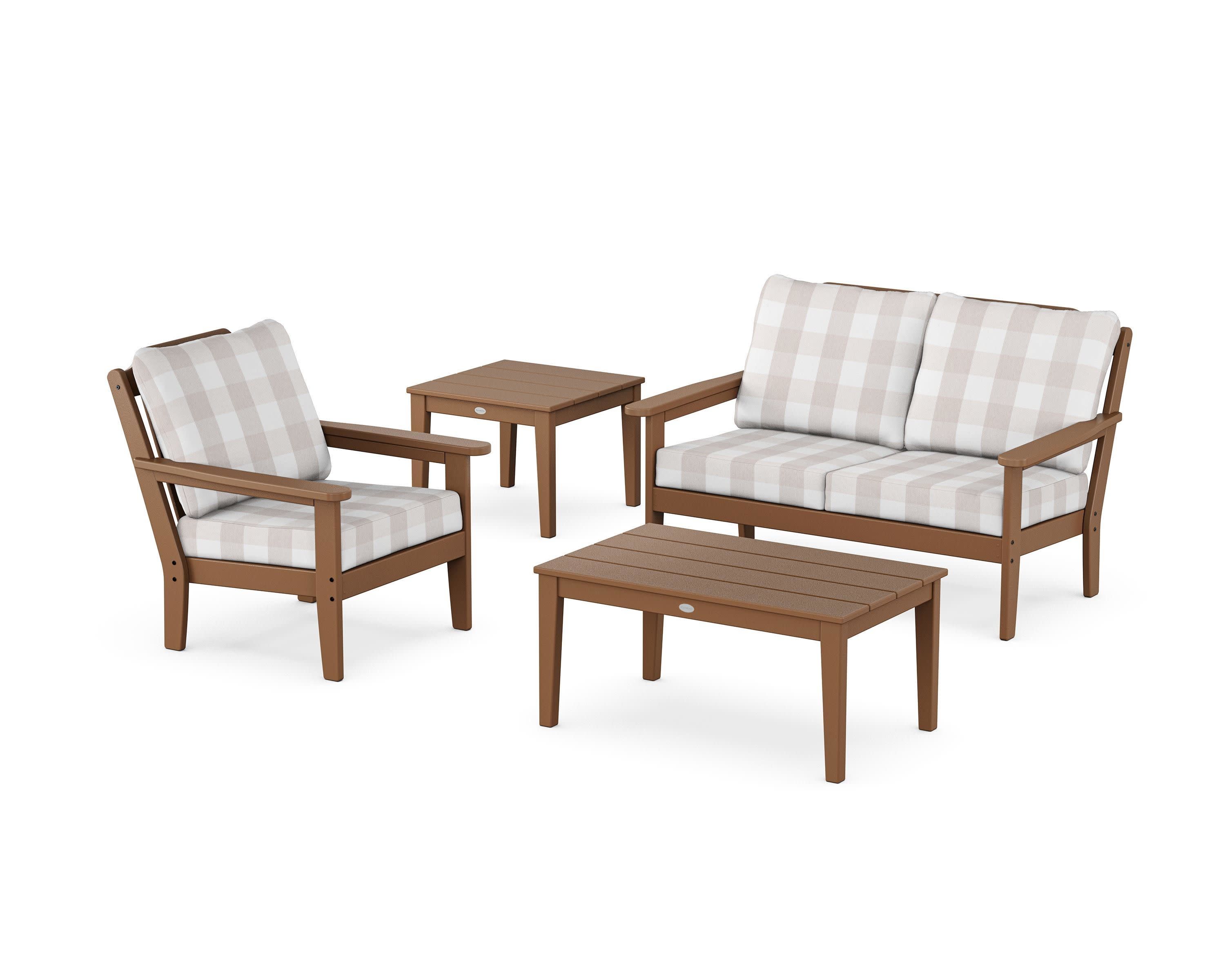 Wovendale 4-Piece Deep Seating Set in Teak / Buffalo Plaid Dune Burlap