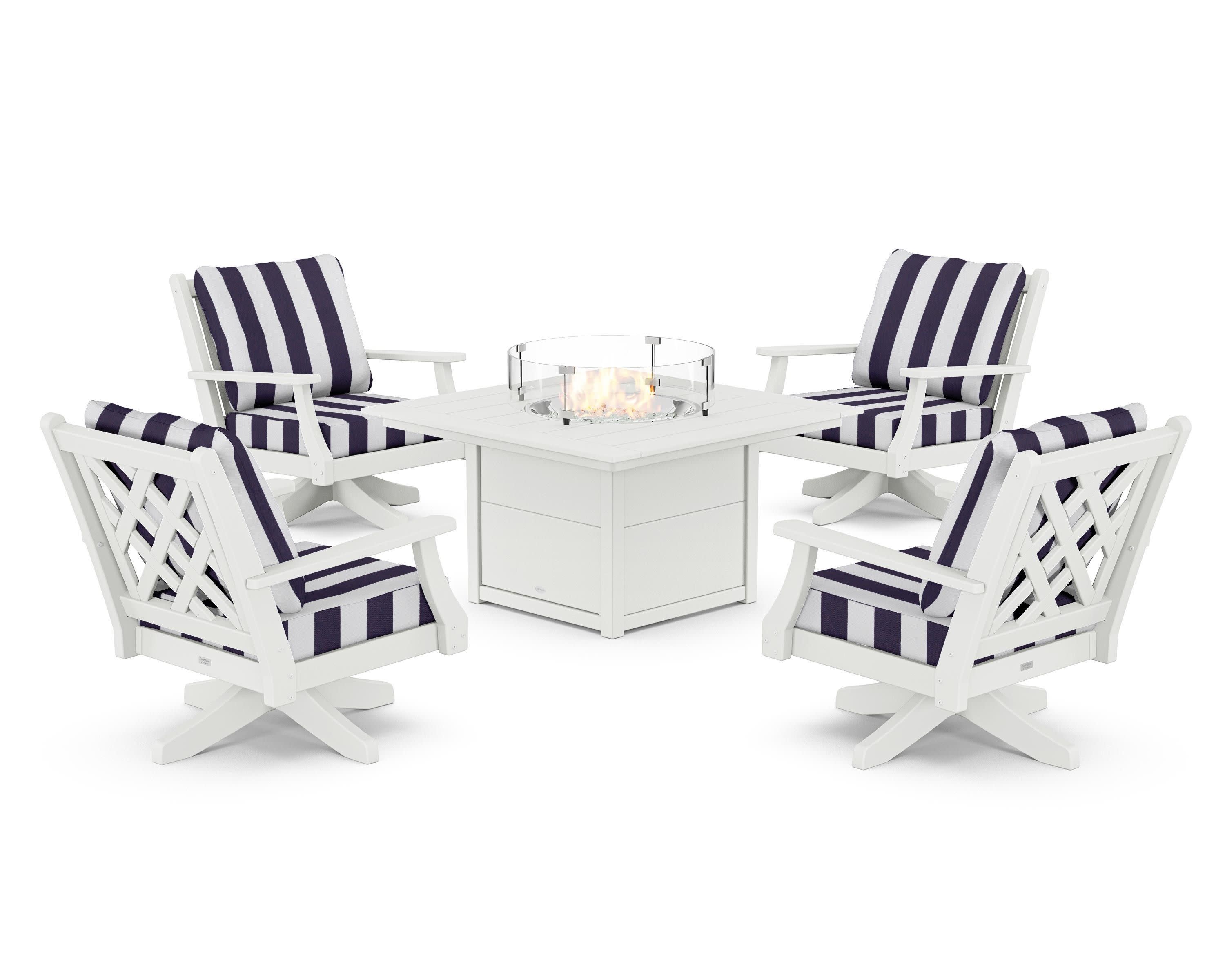 Wovendale 5-Piece Deep Seating Swivel Conversation Set with Fire Pit Table in White / Cabana Stripe Navy