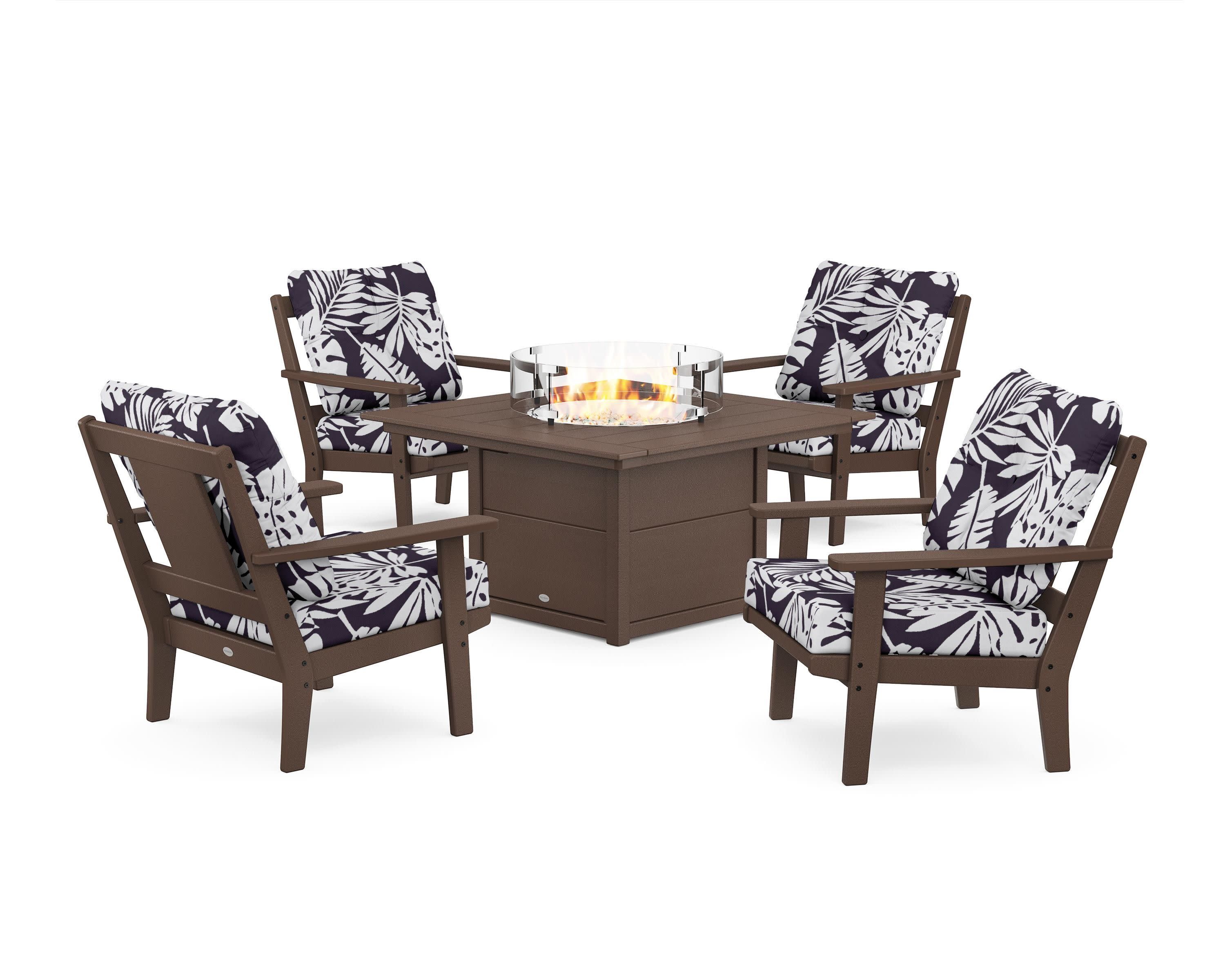 Prairie 5-Piece Deep Seating Set with Fire Pit Table in Mahogany / Leaf Navy