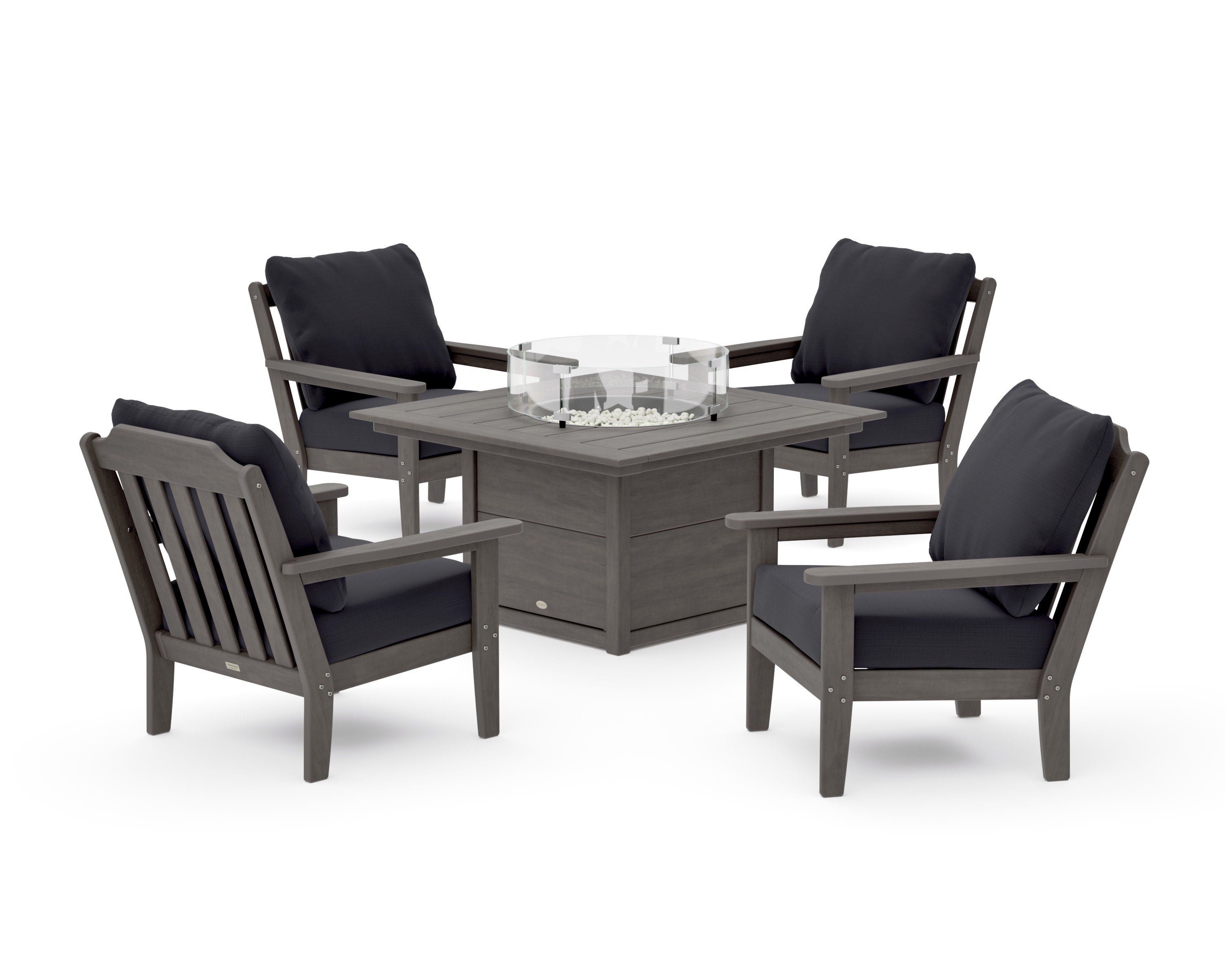 Cottage 5-Piece Deep Seating Set with Fire Pit Table in Driftwood / Midnight Linen