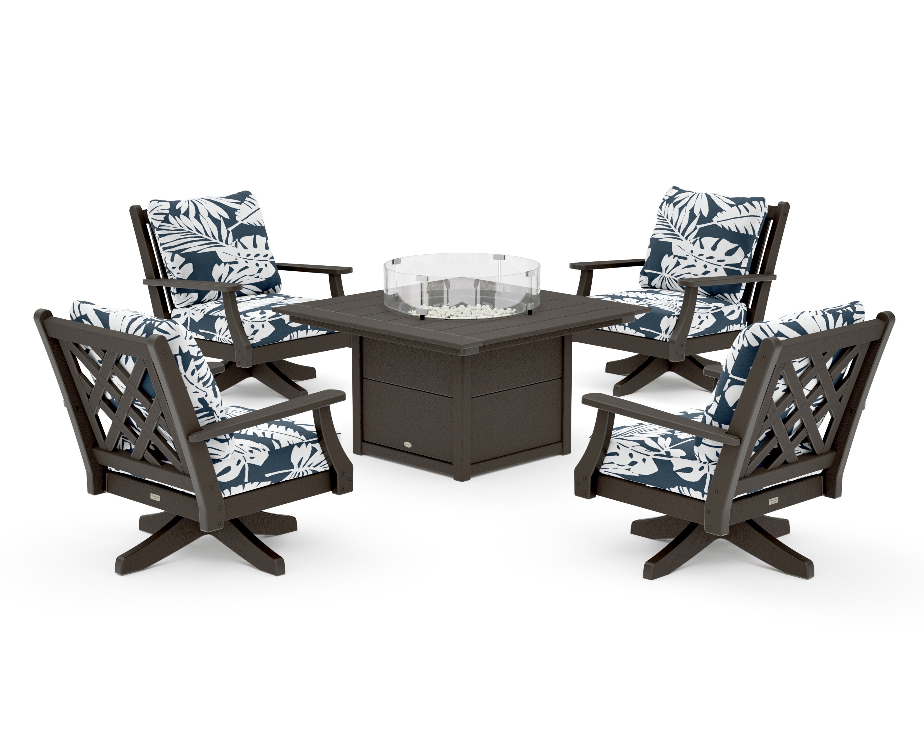 Wovendale 5-Piece Deep Seating Swivel Conversation Set with Fire Pit Table in Vintage Coffee / Leaf Marine Indigo