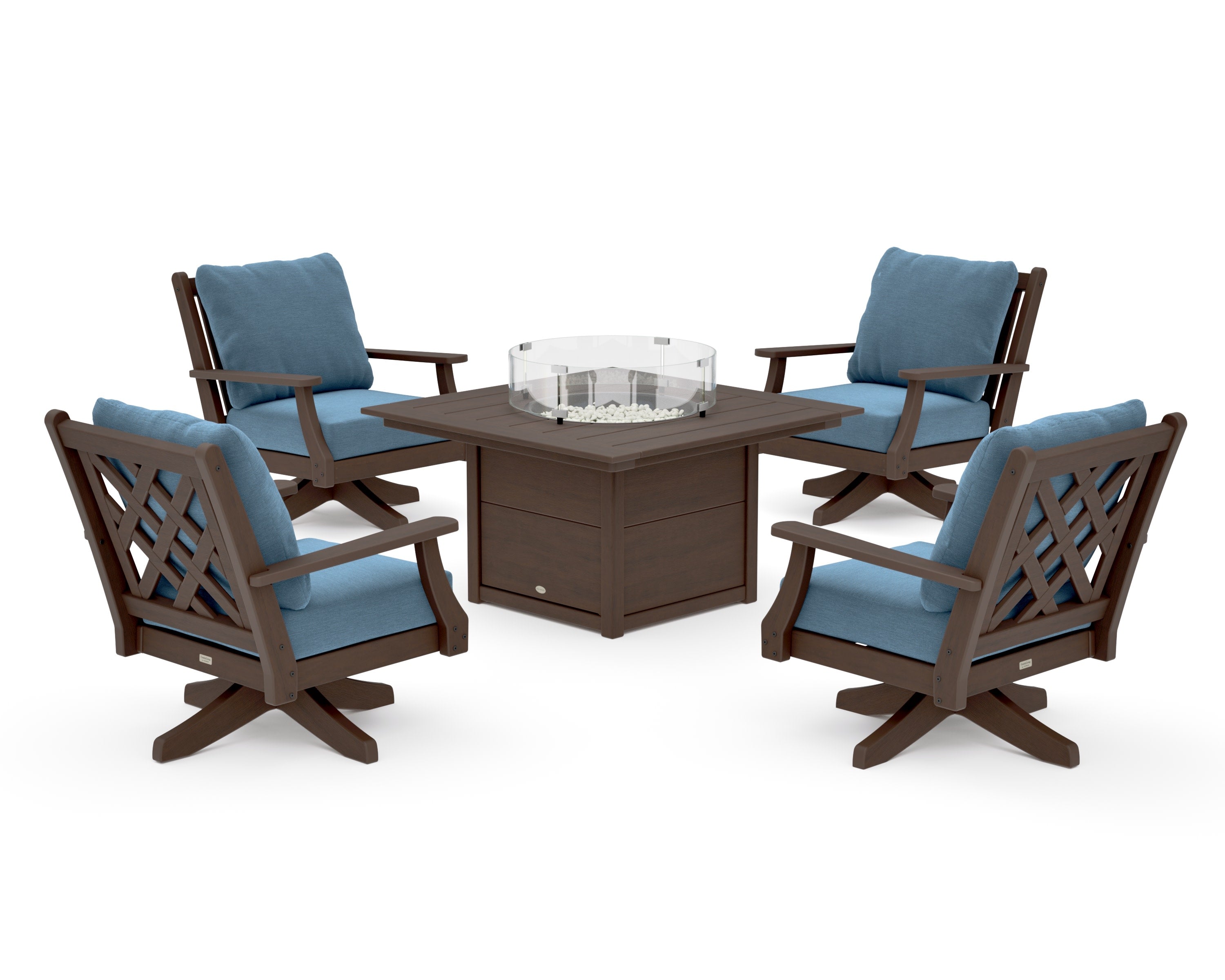 Wovendale 5-Piece Deep Seating Swivel Conversation Set with Fire Pit Table in Kona / Sky Blue
