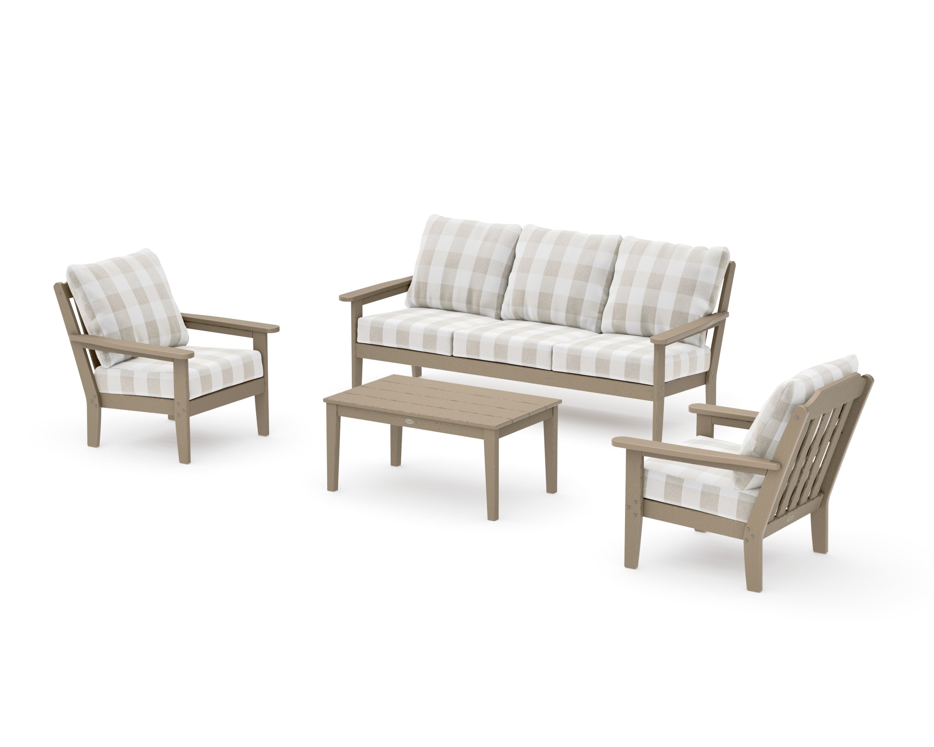 Cottage 4-Piece Deep Seating Set with Sofa in Vintage Sahara / Buffalo Plaid Dune Burlap