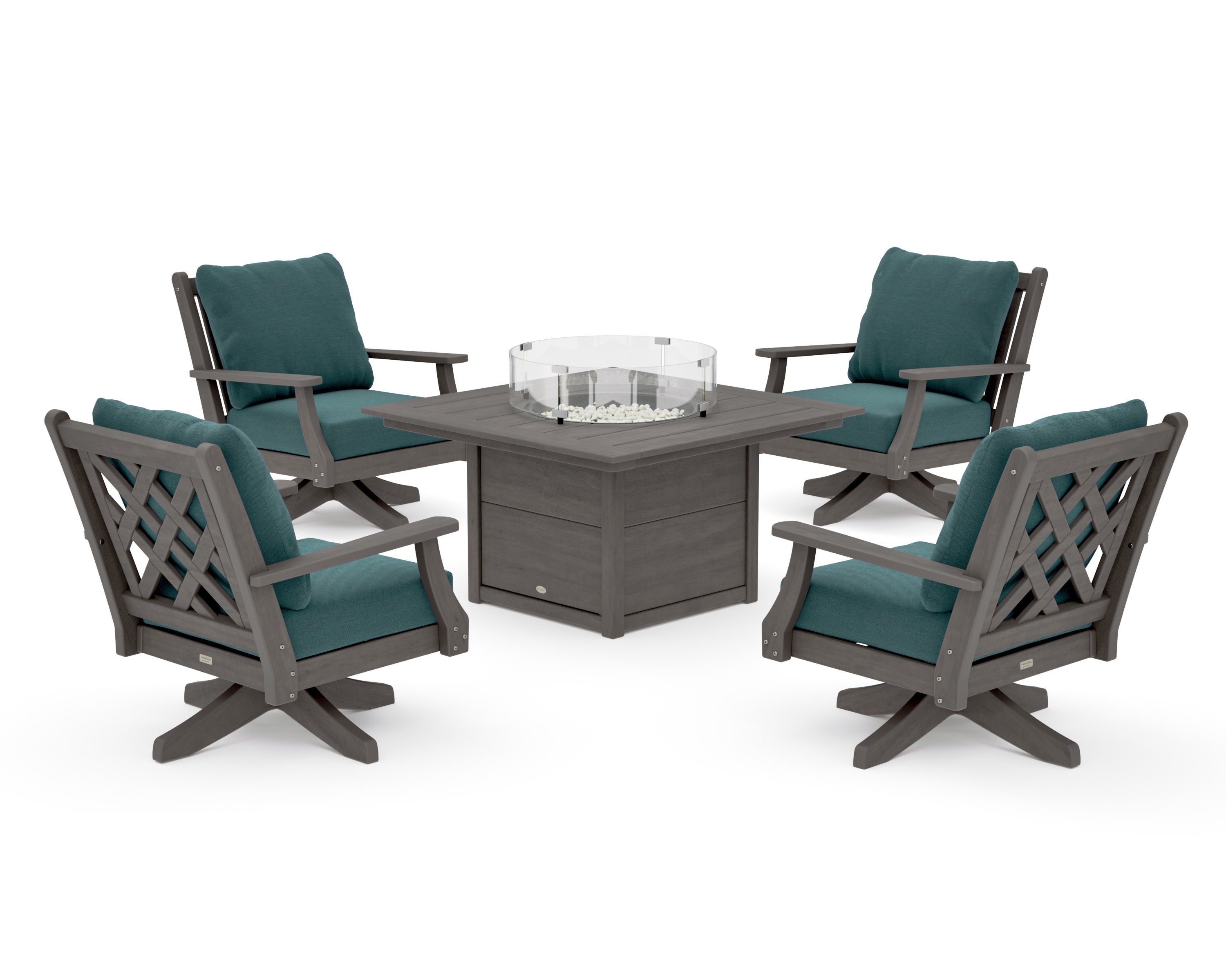 Wovendale 5-Piece Deep Seating Swivel Conversation Set with Fire Pit Table in Driftwood / Ocean Teal