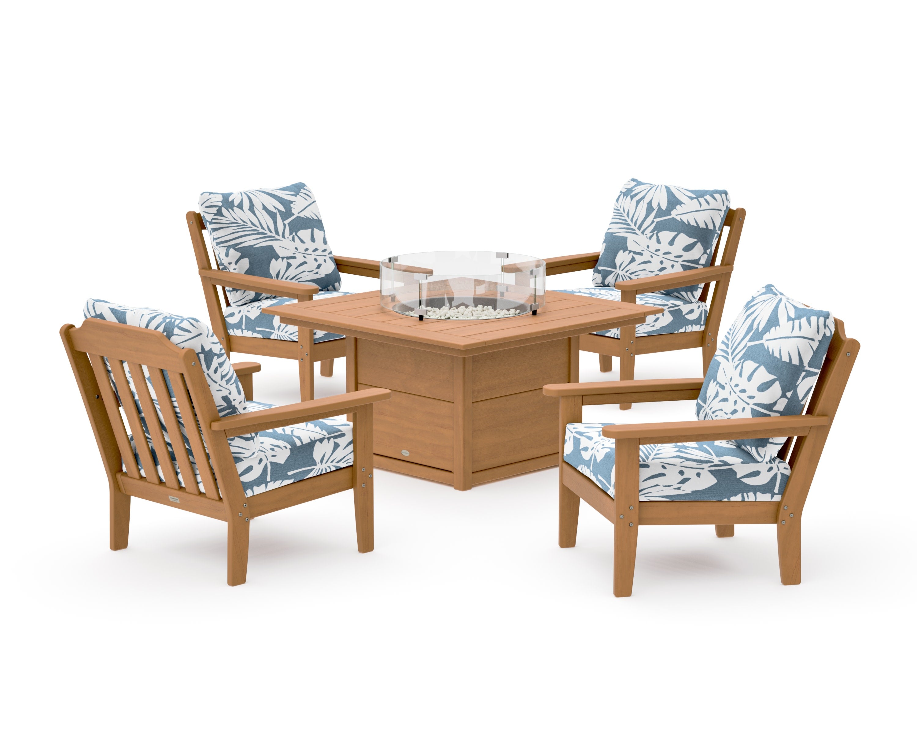 Cottage 5-Piece Deep Seating Set with Fire Pit Table in Natural / Leaf Sky Blue